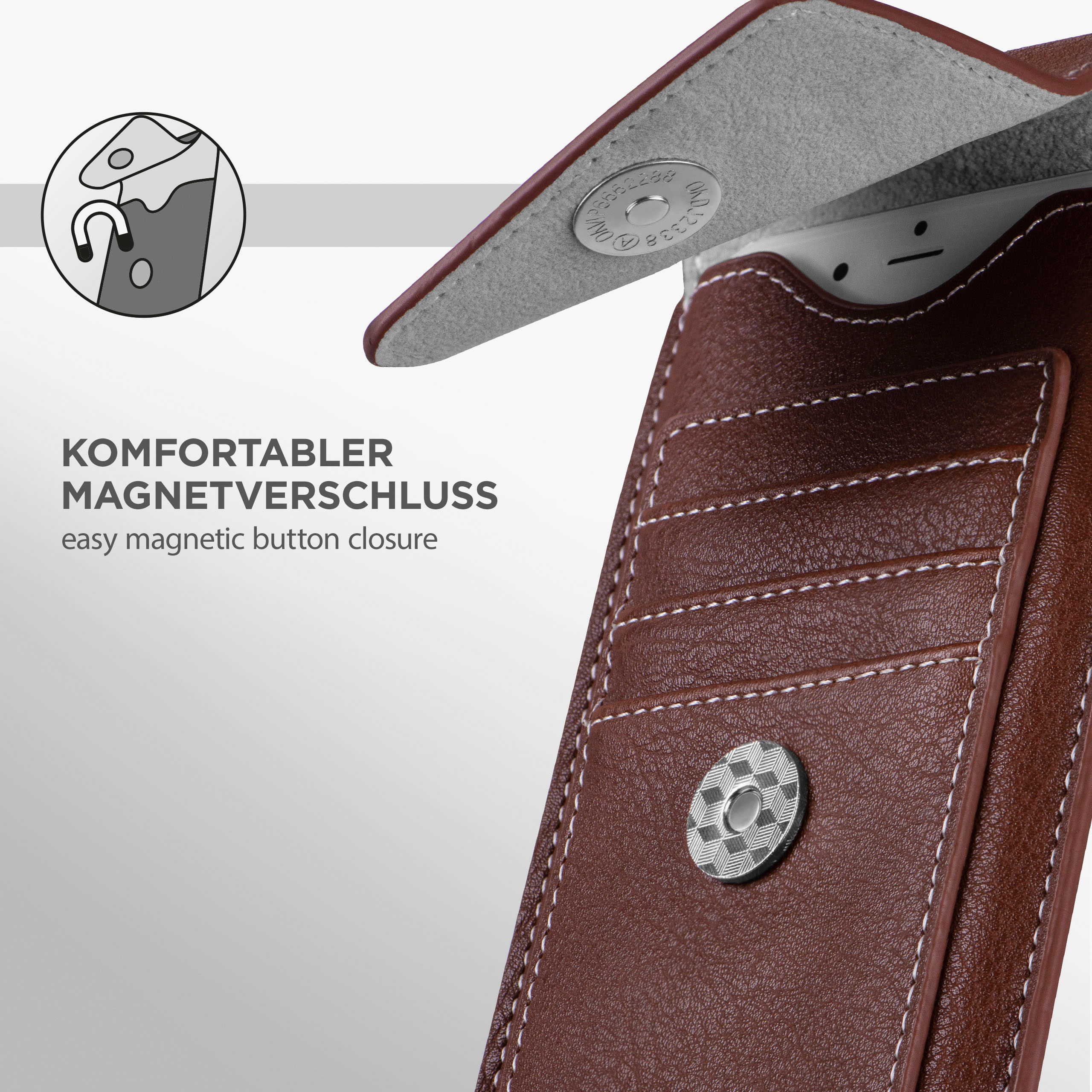 Braune Handyhülle mit offenem Magnetverschluss. Innen Kartenfächer. Weißer Hintergrund.