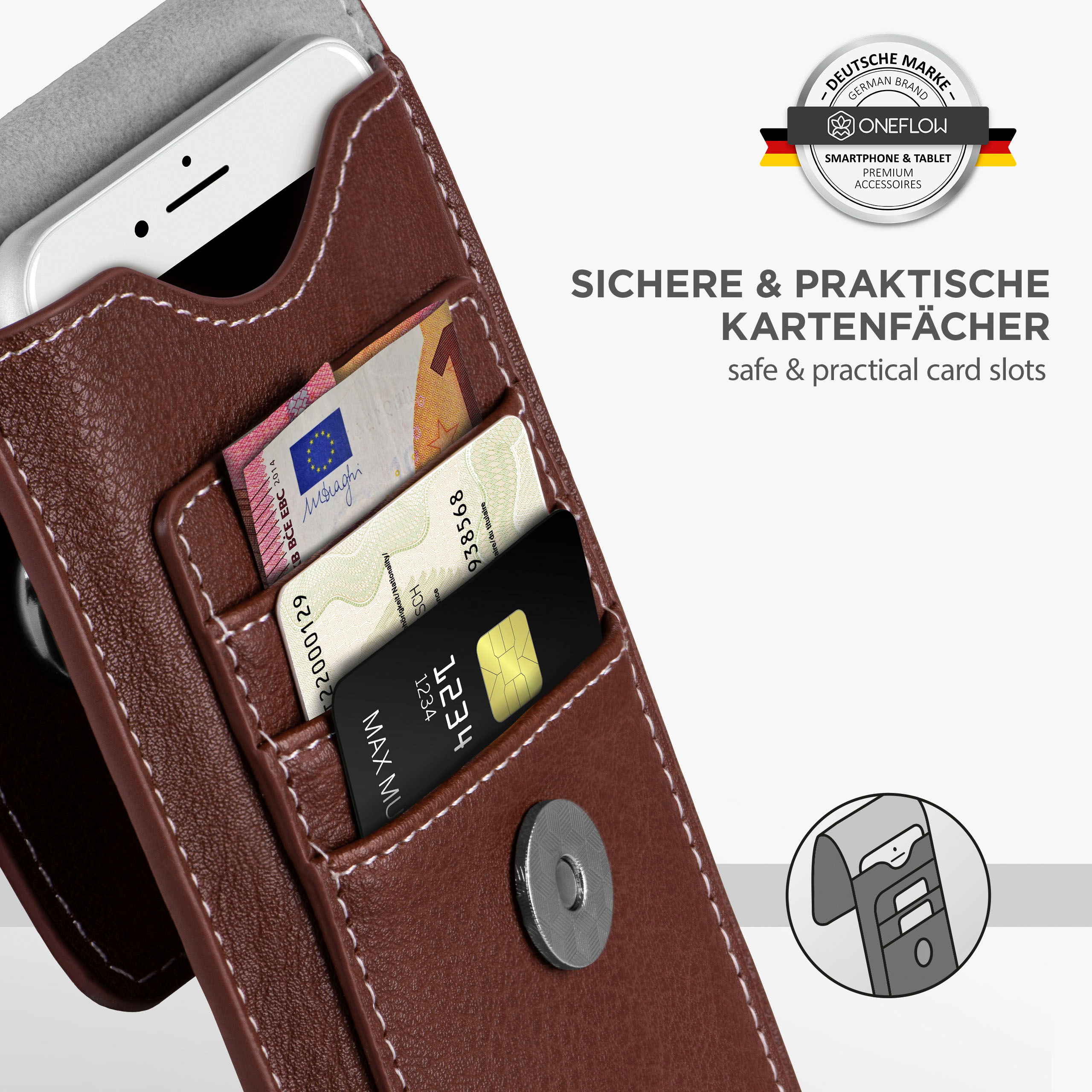 Braune Handyhülle mit Kartenfächern und Telefon darin.