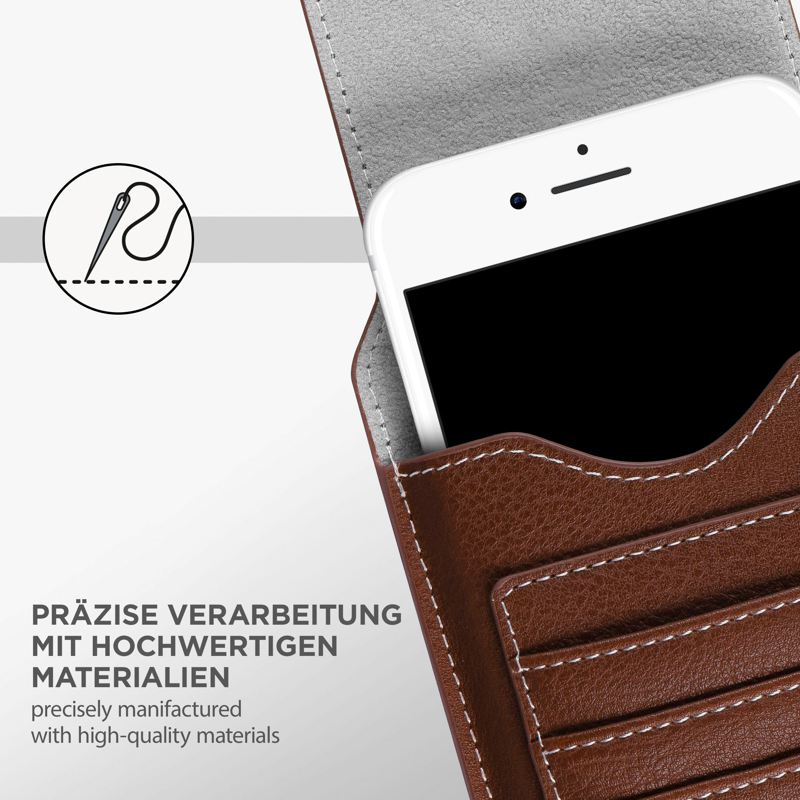 Nahaufnahme einer Smartphone-Hülle mit Telefon, zeigt Nähte und Kartenfächer.