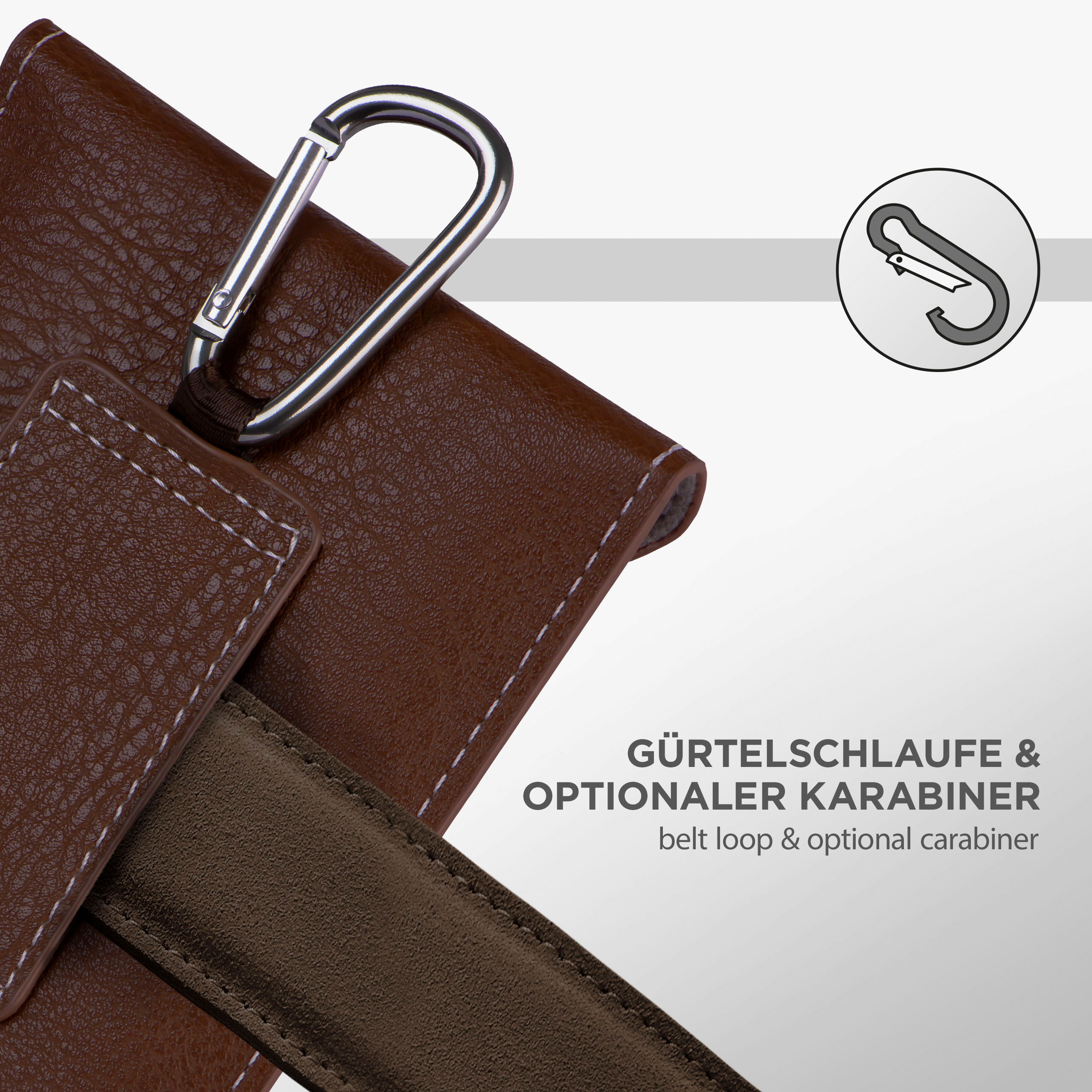 Lederetui mit Karabiner und Gürtelschlaufe, Nahaufnahme.