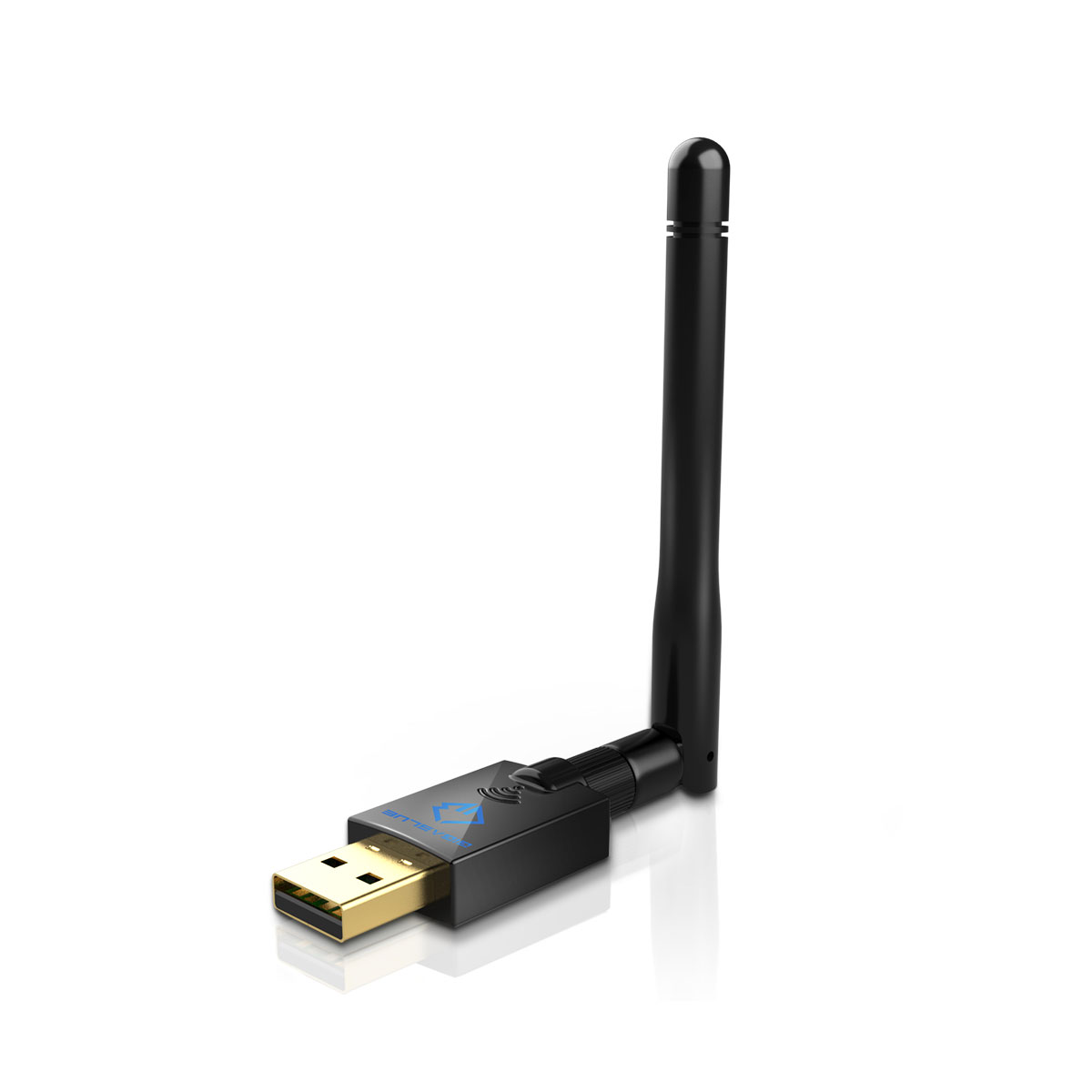 Ein schwarzer USB-WLAN-Adapter mit schwarzer Antenne auf weißem Hintergrund.