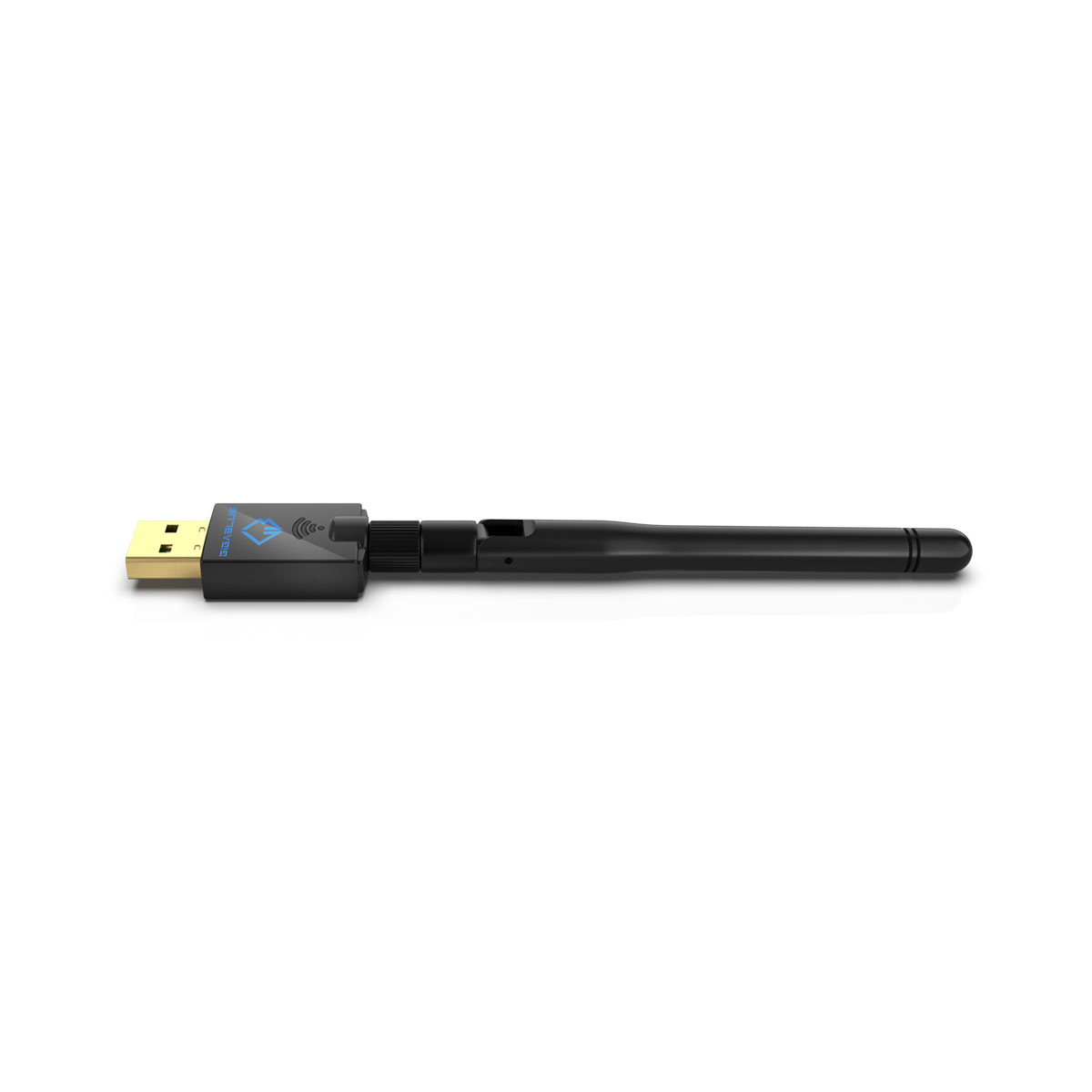 Ein schwarzer USB-WLAN-Adapter mit Antenne auf weißem Hintergrund.