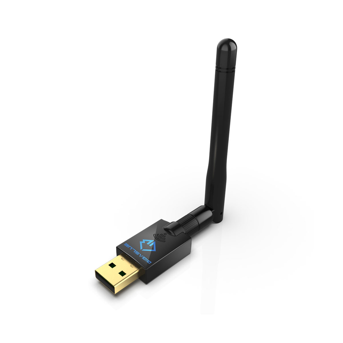 Schwarzer USB-WLAN-Adapter mit Antenne, mit blauem Logo auf dem Gerät.