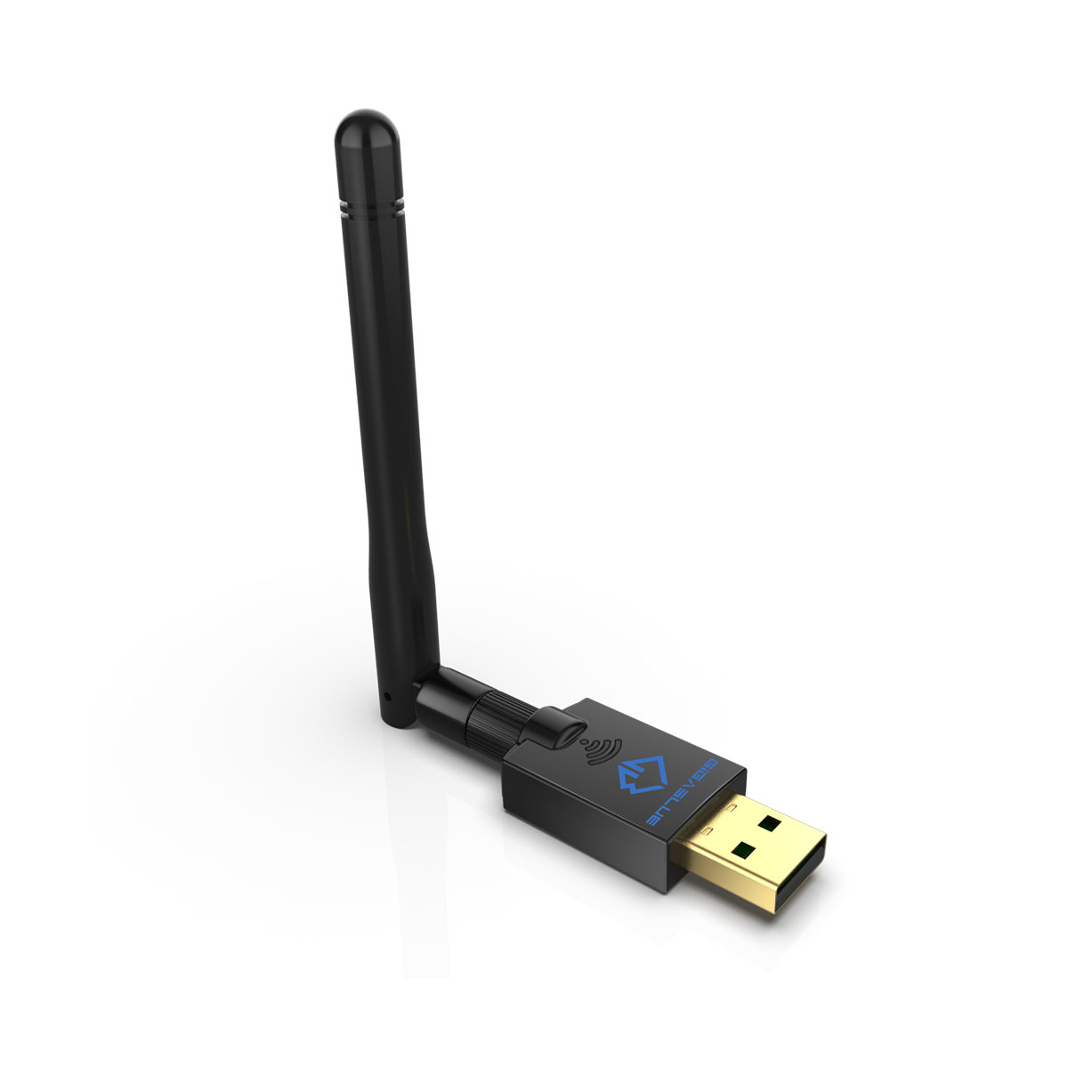 Ein schwarzer USB-WLAN-Adapter mit einer schwarzen Antenne und einem goldenen USB-Anschluss.