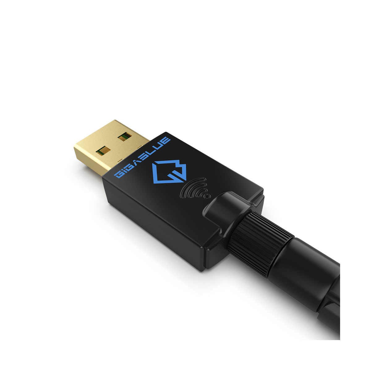 Ein schwarzer USB-WLAN-Adapter mit Logo und schwarzer Antenne auf weißem Hintergrund.