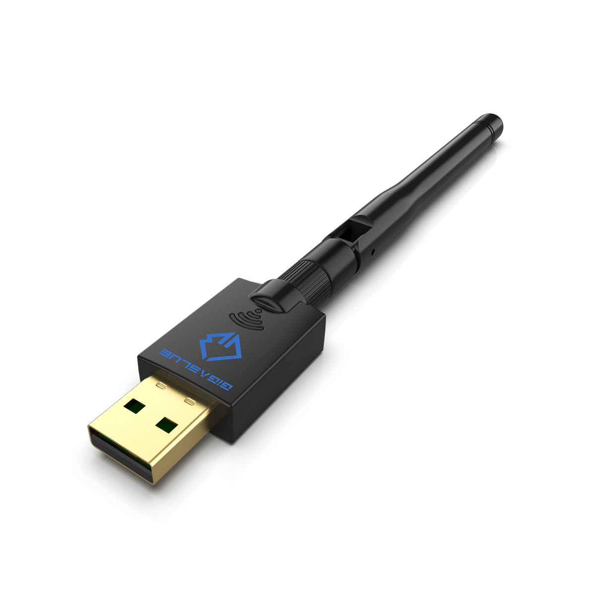 Ein schwarzer USB-WLAN-Adapter mit blauem Logo und Antenne, vor weißem Hintergrund.