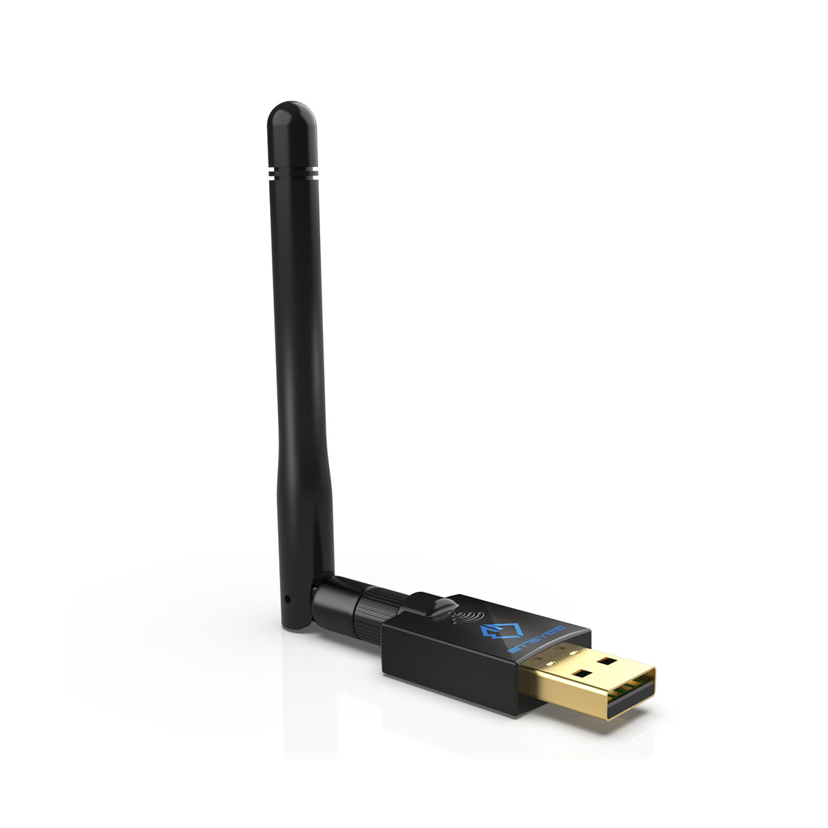 Schwarzer USB-WLAN-Adapter mit Antenne. Auf weißem Hintergrund.