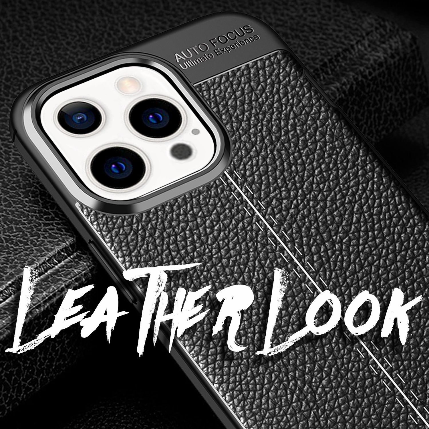Primer plano de una funda de teléfono de cuero negro con las palabras 'LEATHER LOOK'.