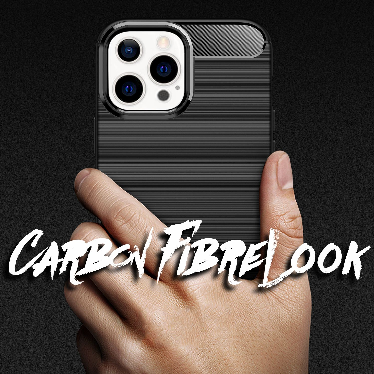 Mano sosteniendo una funda negra para iPhone con las palabras "CARBON FIBRE LOOK" en blanco.