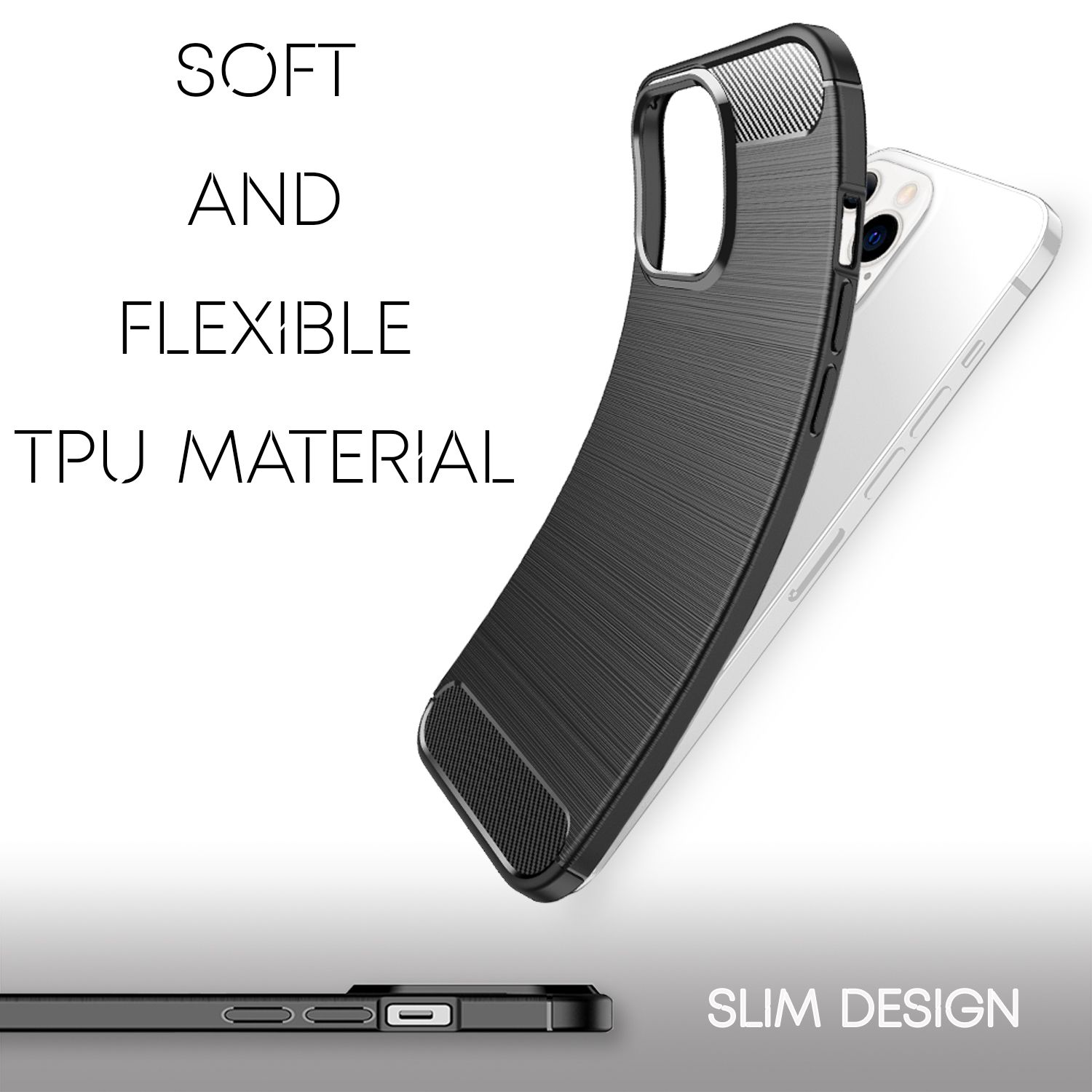 Funda negra para teléfono con texto. La funda cubre un teléfono y muestra 'material de TPU suave y flexible' y 'diseño delgado'.