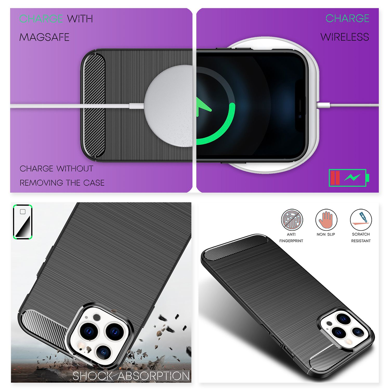Cuatro imágenes: un teléfono cargando con MagSafe, carga inalámbrica y dos imágenes de una funda para teléfono con absorción de impactos.
