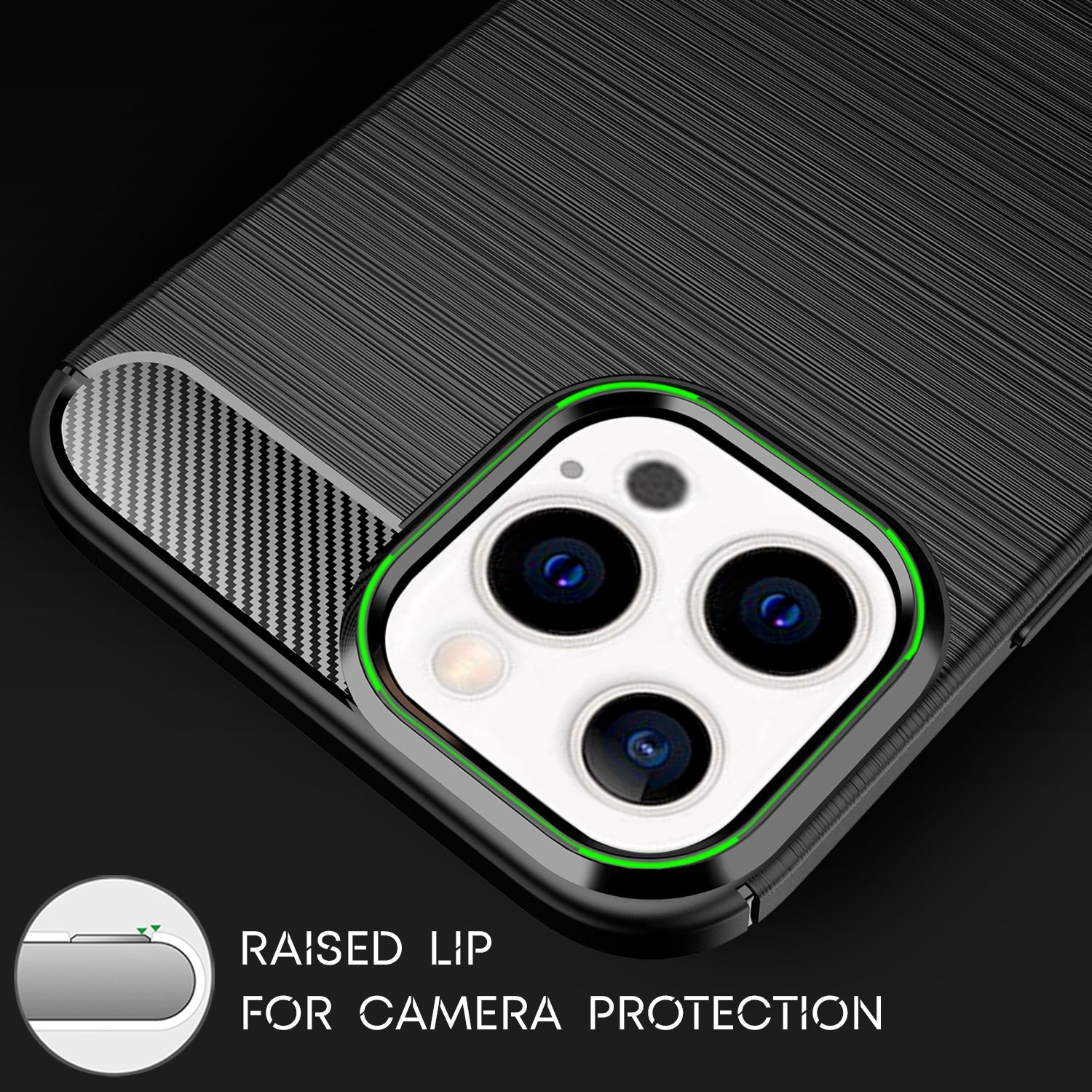 Funda negra para teléfono con textura de fibra de carbono, recorte de cámara y borde verde, texto 'RAISED LIP'.
