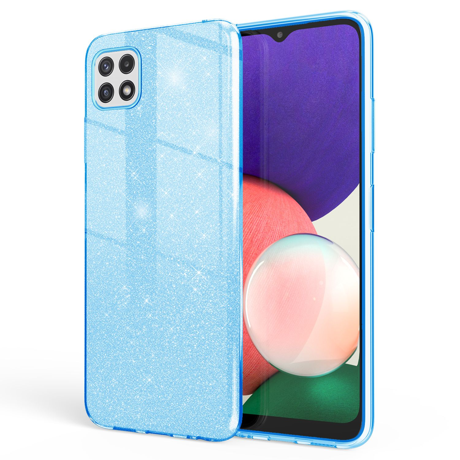 Blaue Glitzer-Handyhülle mit einem Telefon darin. Lila Bildschirm ist sichtbar.