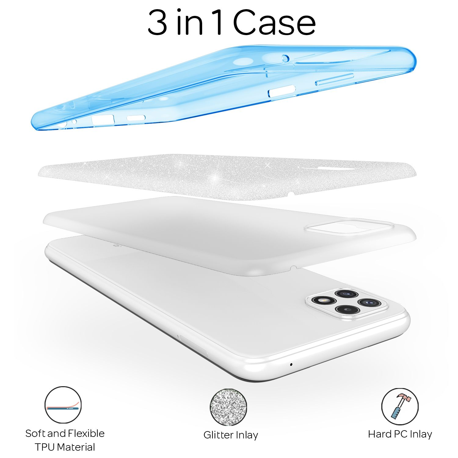 Eine 3-in-1-Handyhülle mit drei Schichten: einer blauen oberen Schicht, einer Glitzerschicht und einer weißen Telefonbasis.