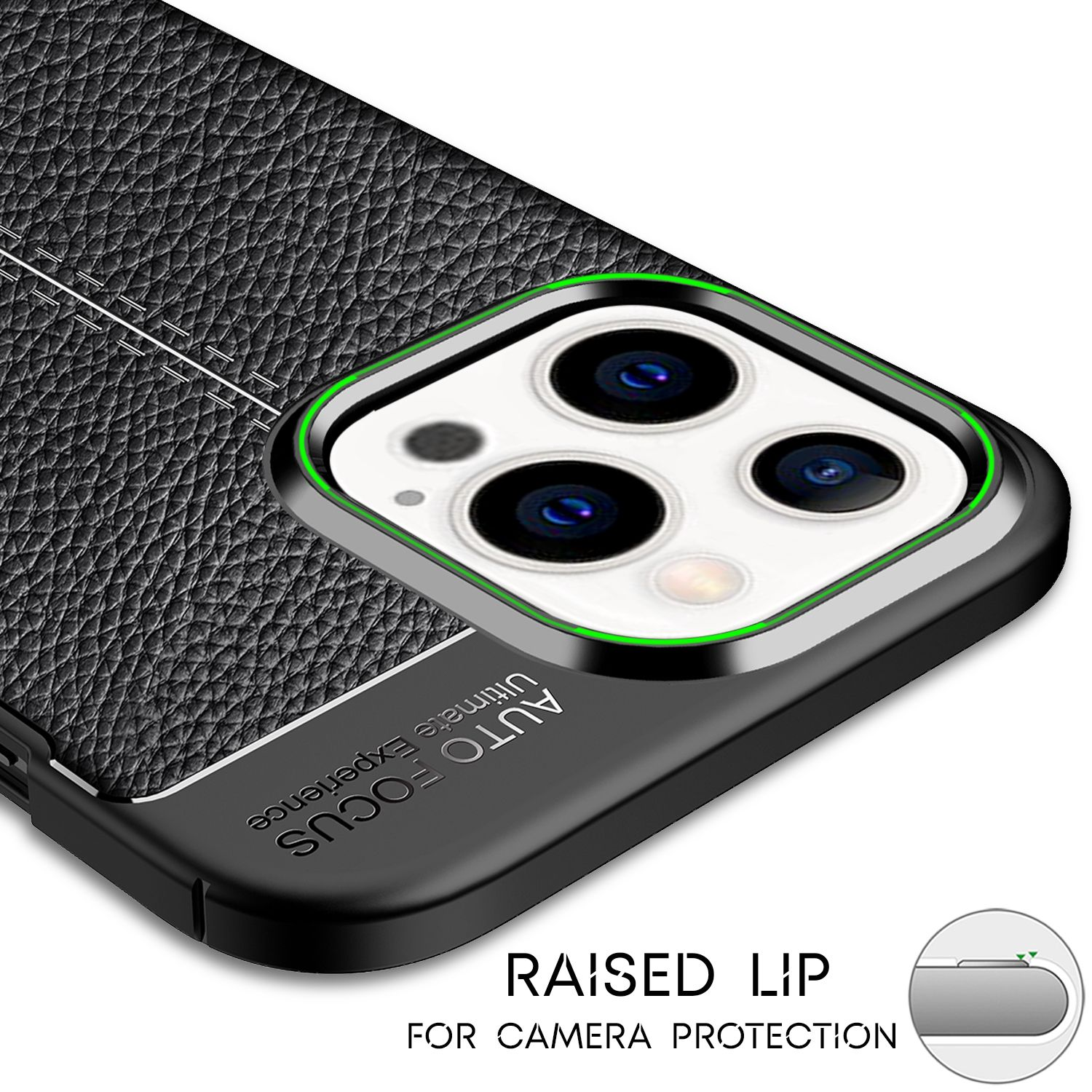 Una funda negra para teléfono con un borde elevado alrededor de la cámara. La funda tiene una superficie texturizada.