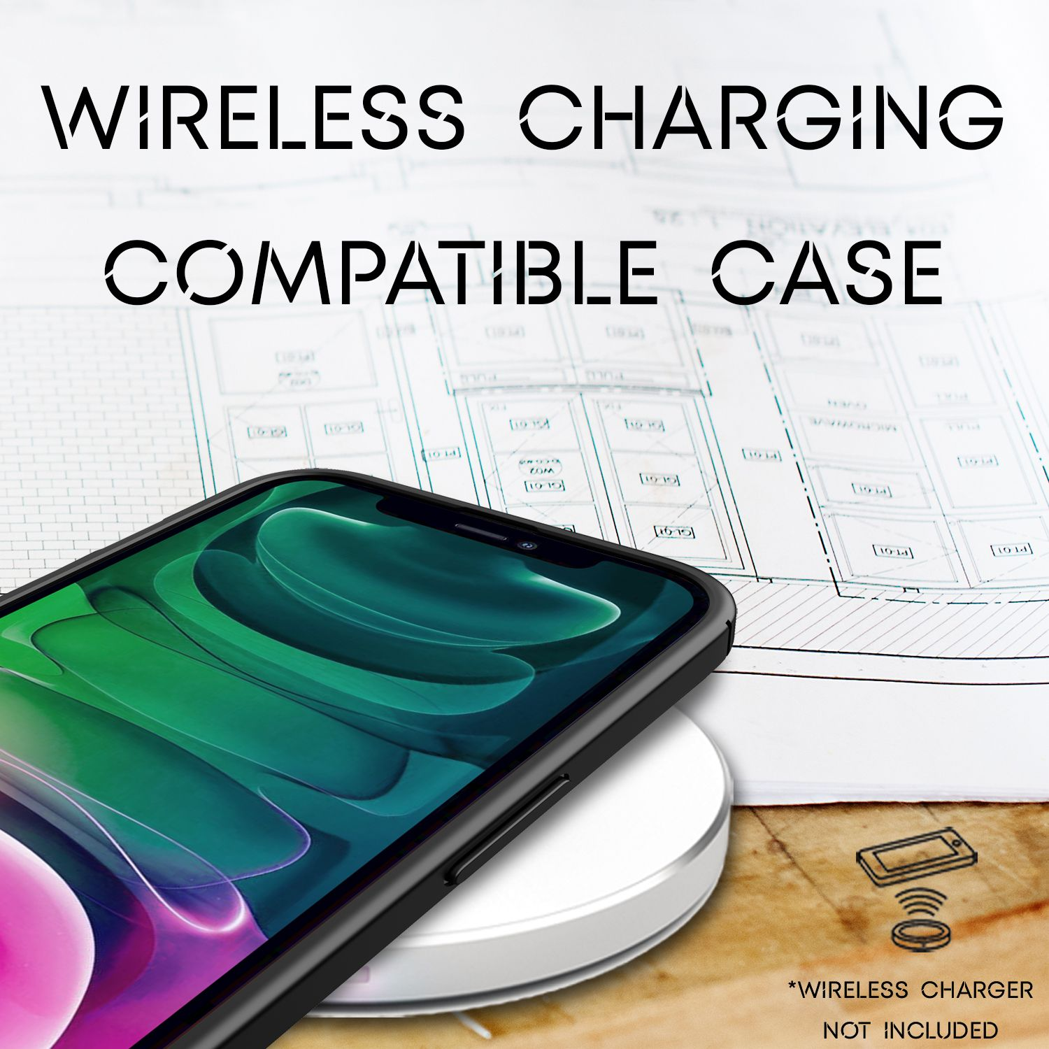 Un teléfono en un cargador inalámbrico, con la funda puesta, sobre un fondo de plano.