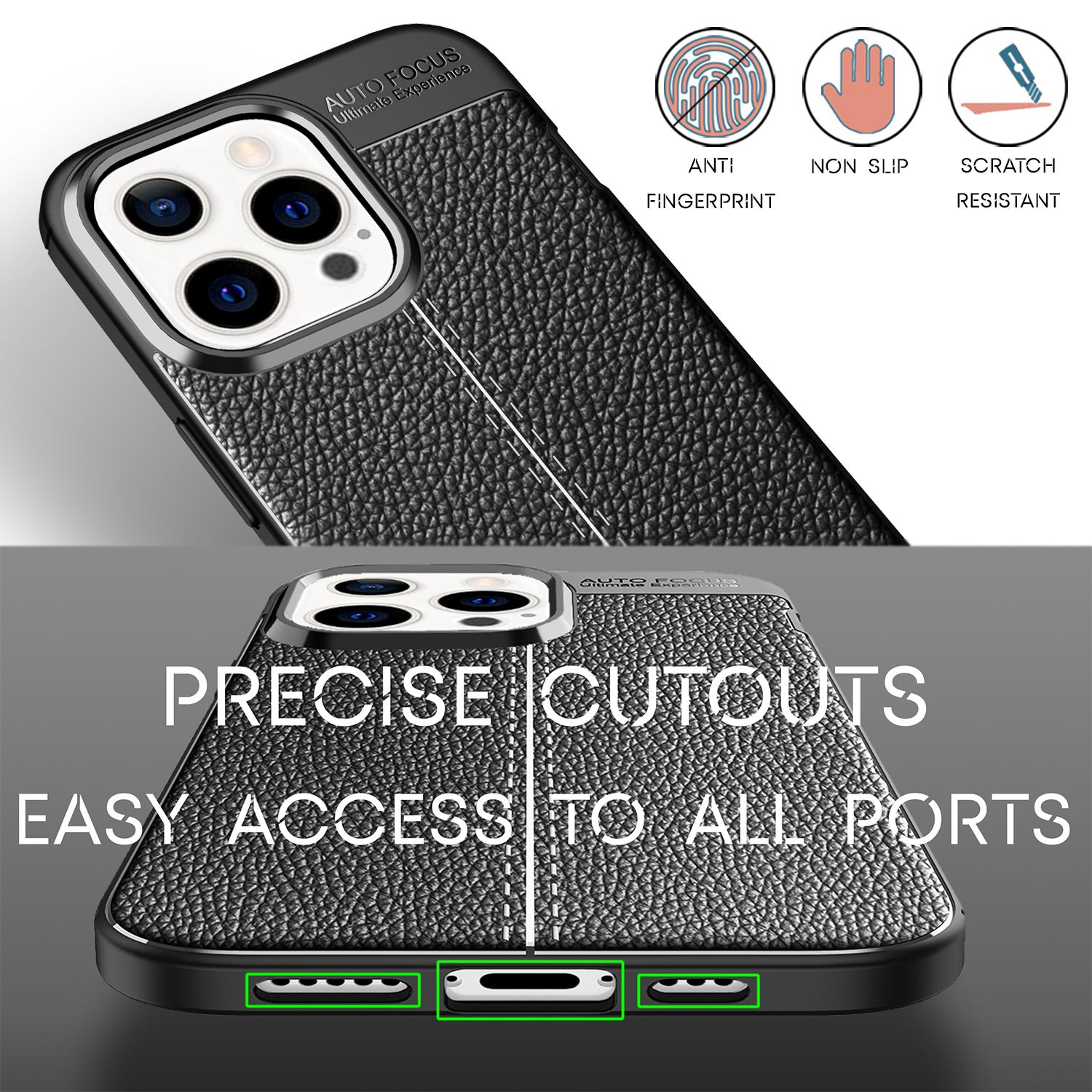 Funda negra para teléfono con recortes e iconos de anti-huellas, antideslizante y resistente a arañazos.