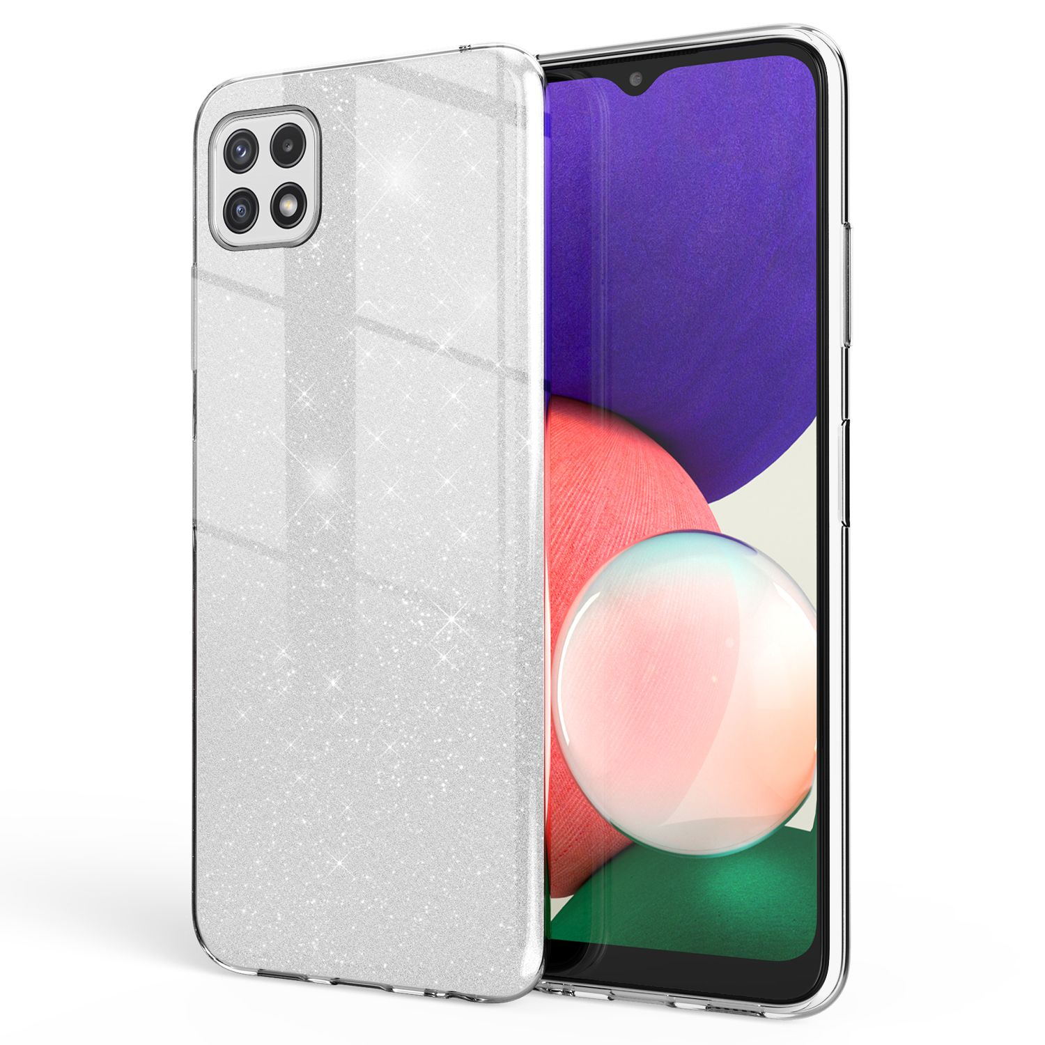 Transparente Handyhülle mit Glitzer, über einem Telefon. Telefon hat einen lila und roten Hintergrund.