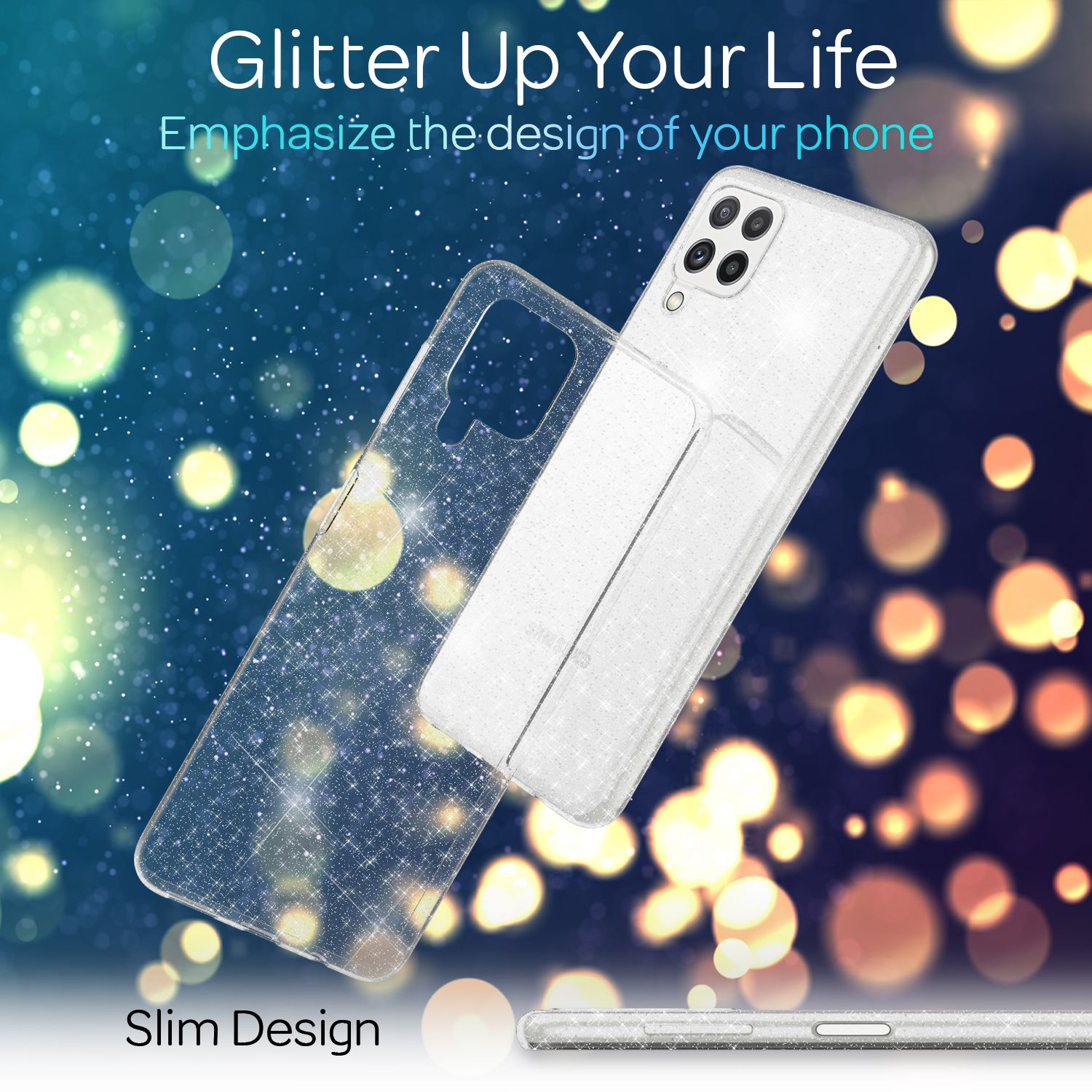 Transparente Glitzer-Handyhülle mit Telefon und zweiter Hülle. Funkelnder Hintergrund.