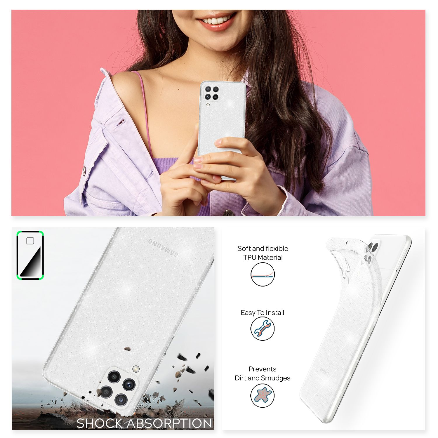 Eine Frau hält ein Telefon mit einer glitzernden Hülle, mit Details der Hülle und Stoßdämpfung.