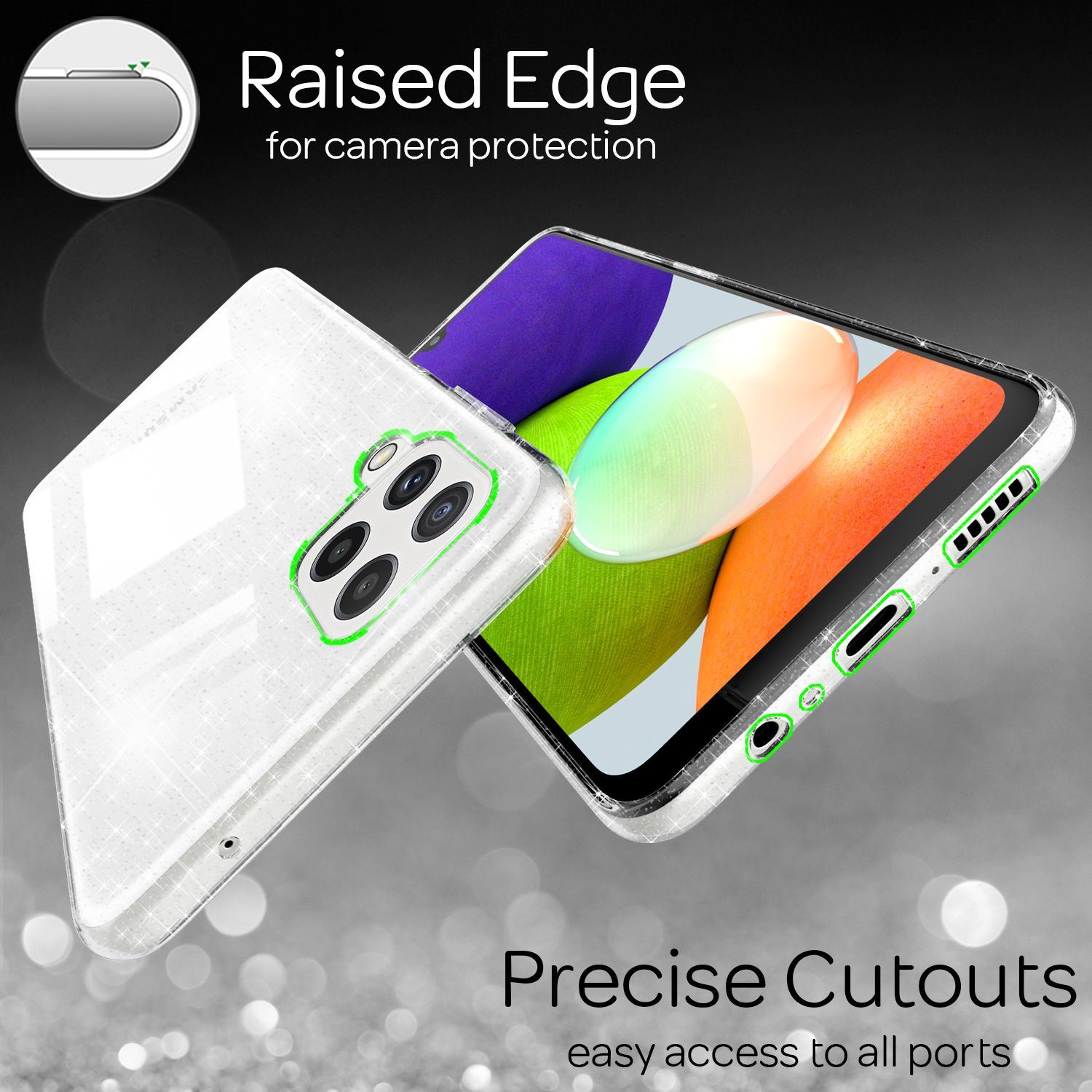Transparente Handyhülle mit Telefon im Inneren, grüner Kante und präzisen Aussparungen. Glitzernder Hintergrund.