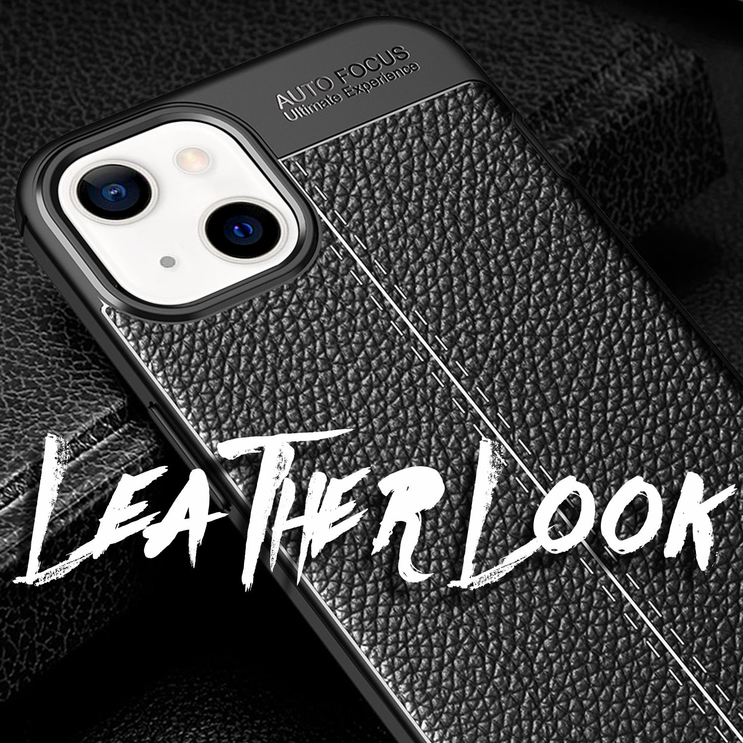 Schwarze Handyhülle mit Lederstruktur und weißem Text: LEATHER LOOK.