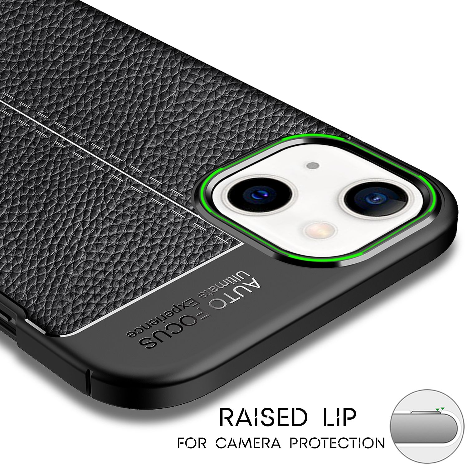 Funda negra para teléfono con cuero texturizado, costuras y borde elevado para proteger la cámara, con la palabra 'AUTO FOCUS'.