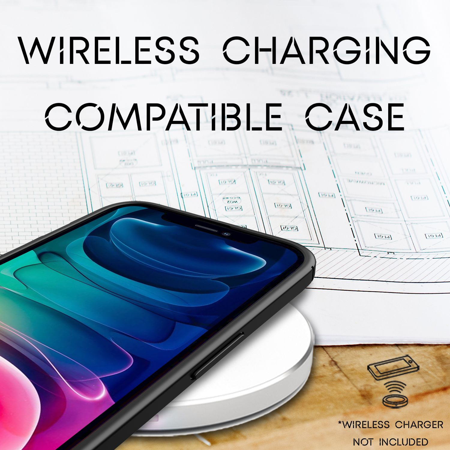 Un teléfono en un cargador inalámbrico. Cargador blanco, funda negra y fondo de plano.