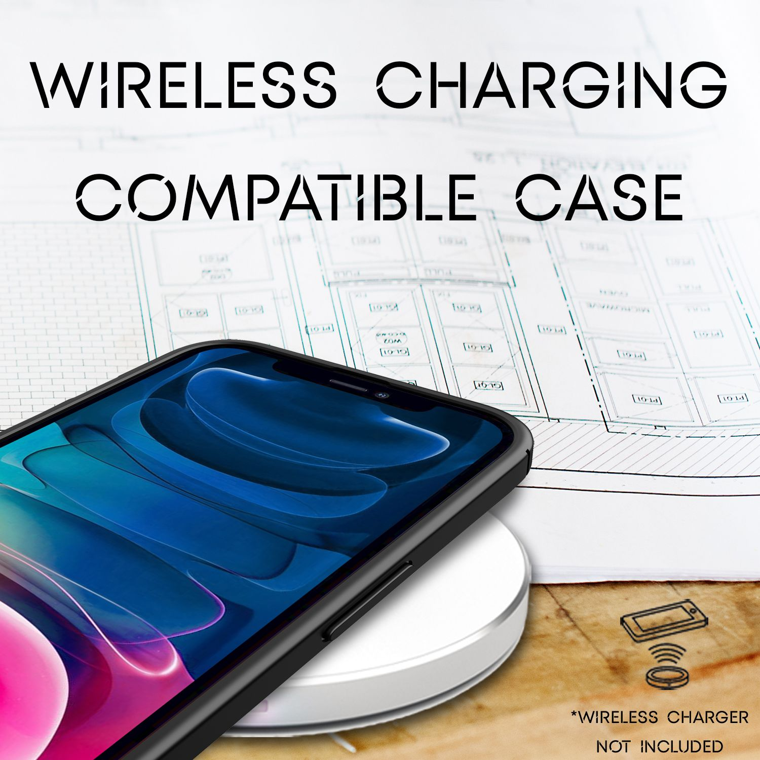 Un teléfono en un cargador inalámbrico, con funda, y un fondo de plano.