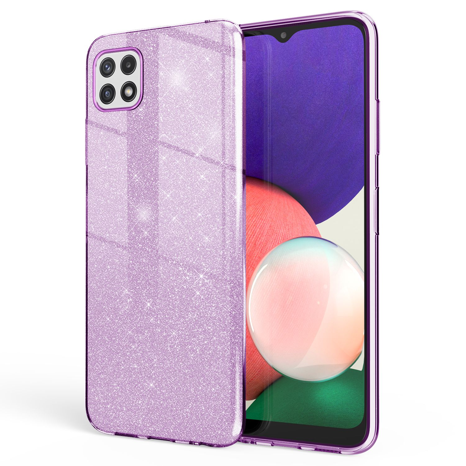Eine glitzernde lila Handyhülle mit Bildschirm und Rückseite auf weißem Grund.