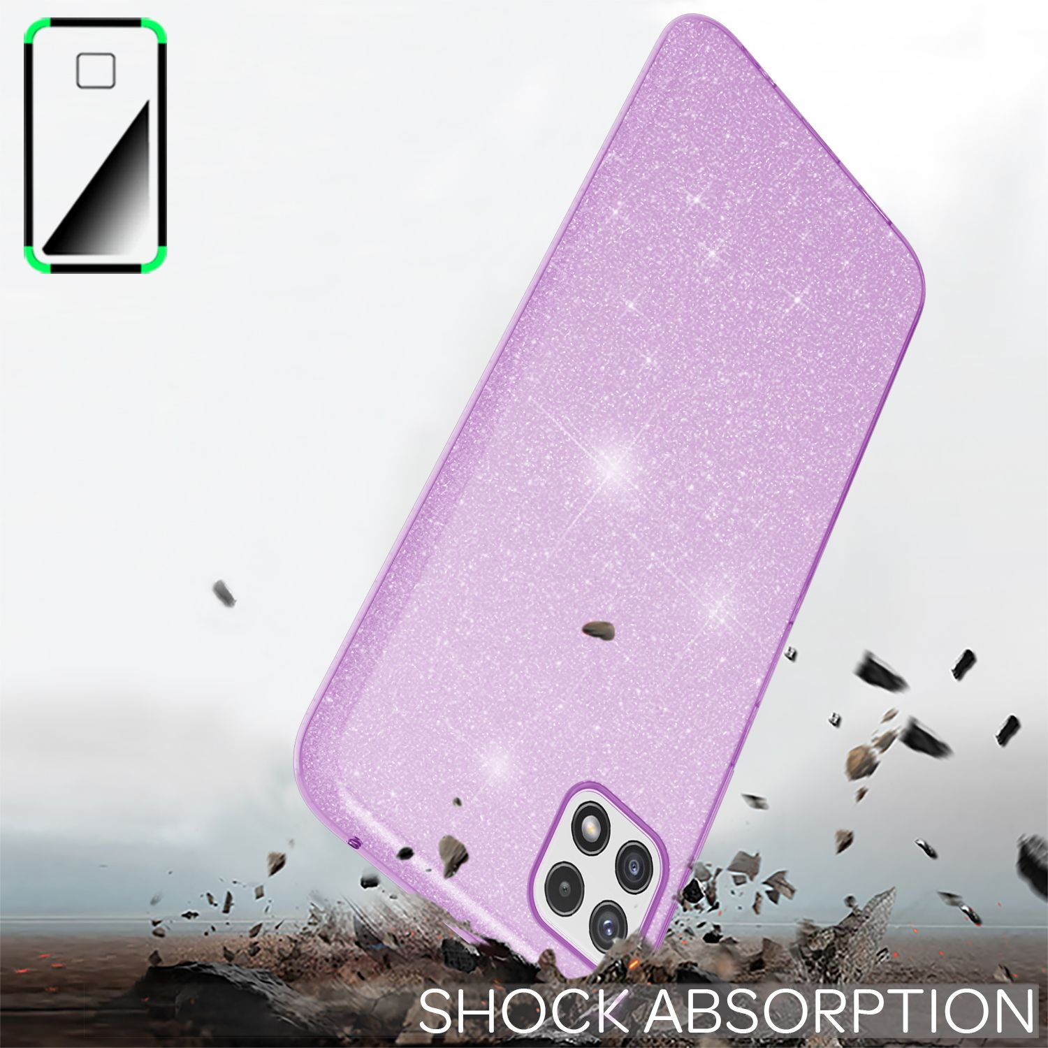 Lila Handyhülle mit Glitzer und Stoßdämpfungsdesign, mit Telefon darin.