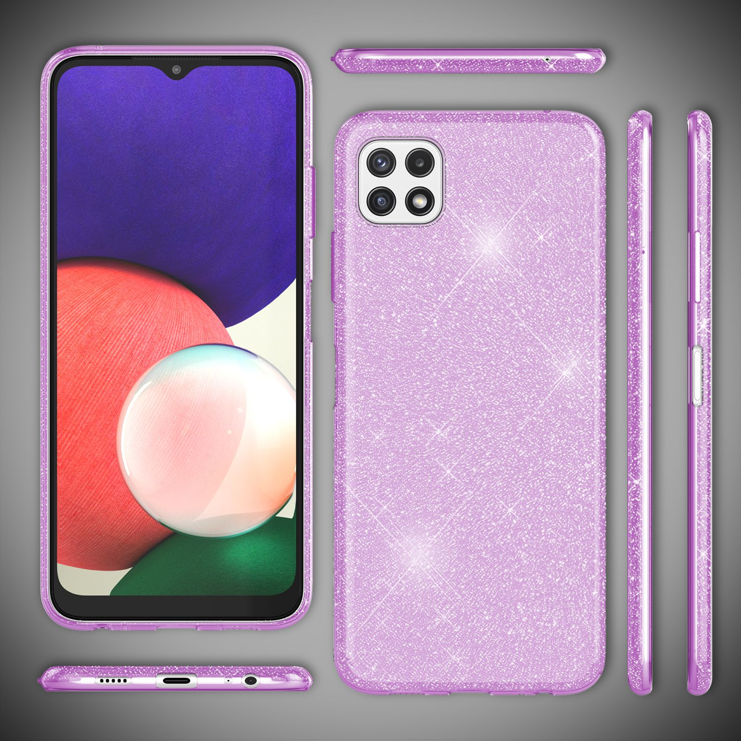 Eine helllila Handyhülle mit glitzernder Oberfläche, das Telefon ist auf dem Display zu sehen.