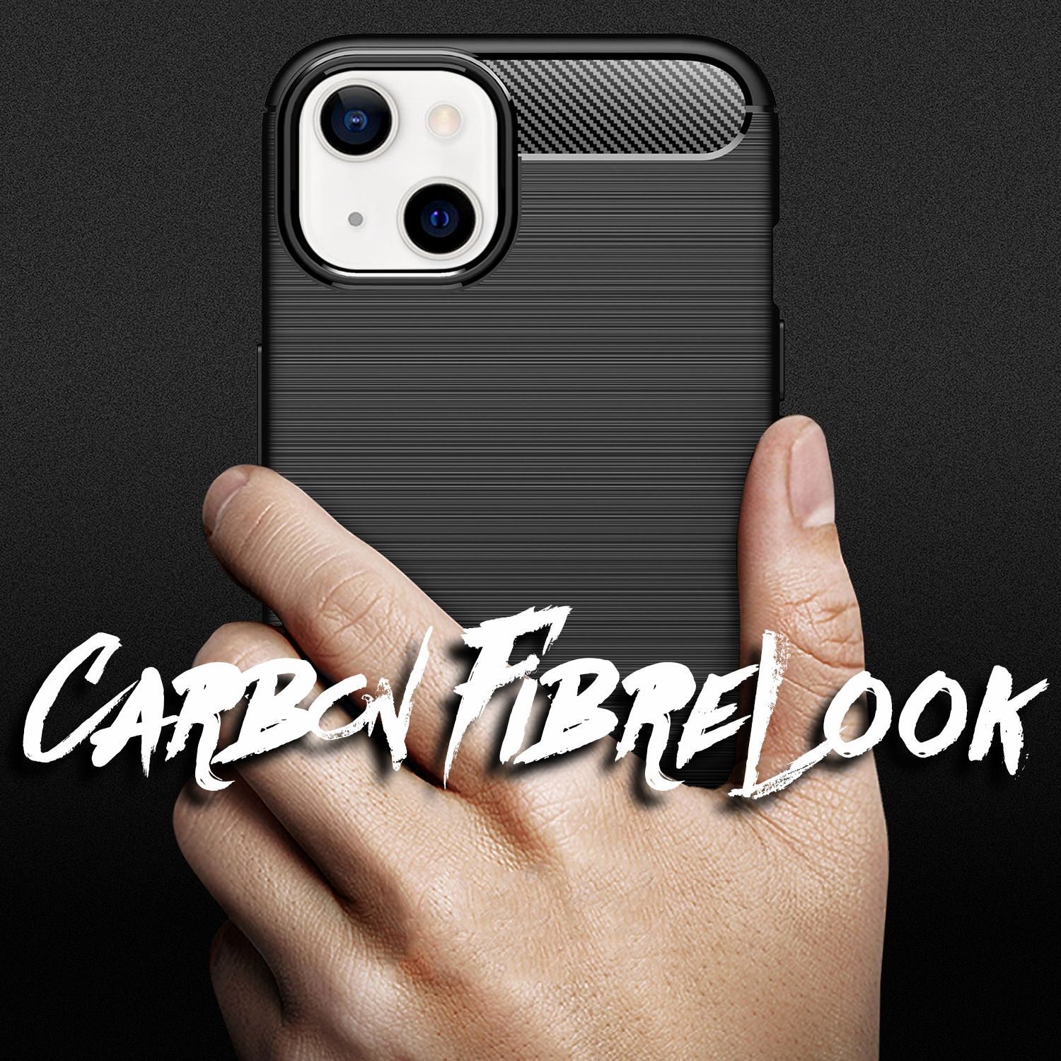 Hand, die eine schwarze Handyhülle mit Carbonfaser-Look hält. Weißer Text lautet 'CARBON FIBRE LOOK'.