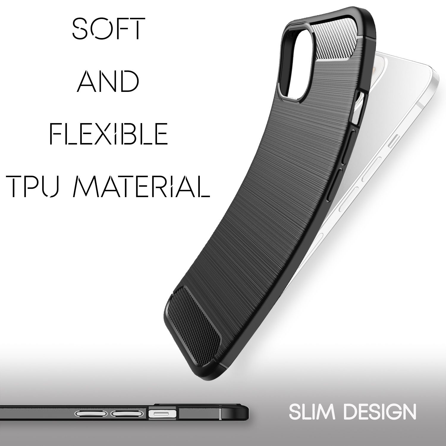 Schwarze Handyhülle mit strukturierter Rückseite und den Worten 'SOFT AND FLEXIBLE TPU MATERIAL'.