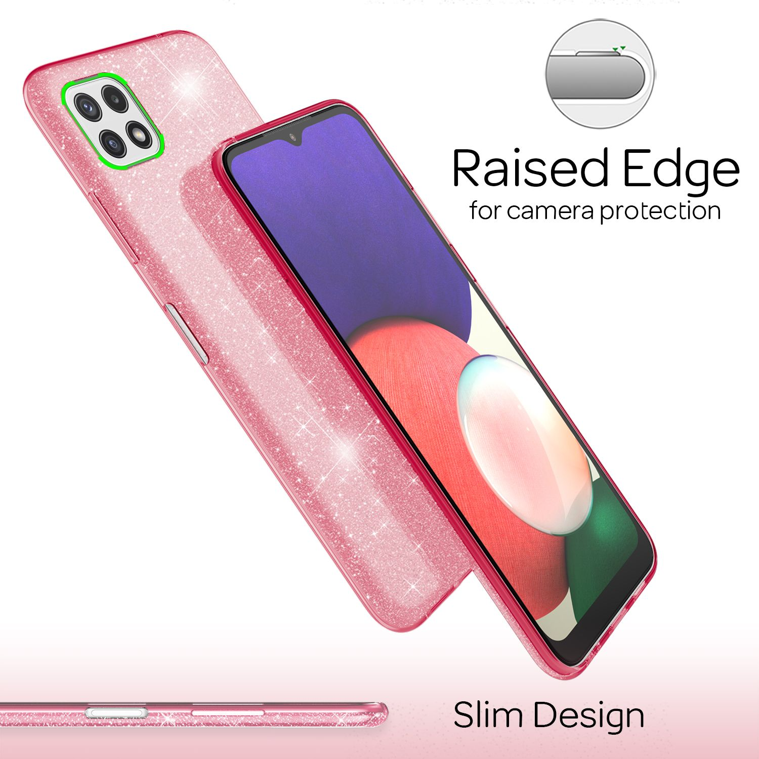 Eine rosa Handyhülle mit einem Telefon darin, zeigt erhöhte Kanten und schlankes Design.