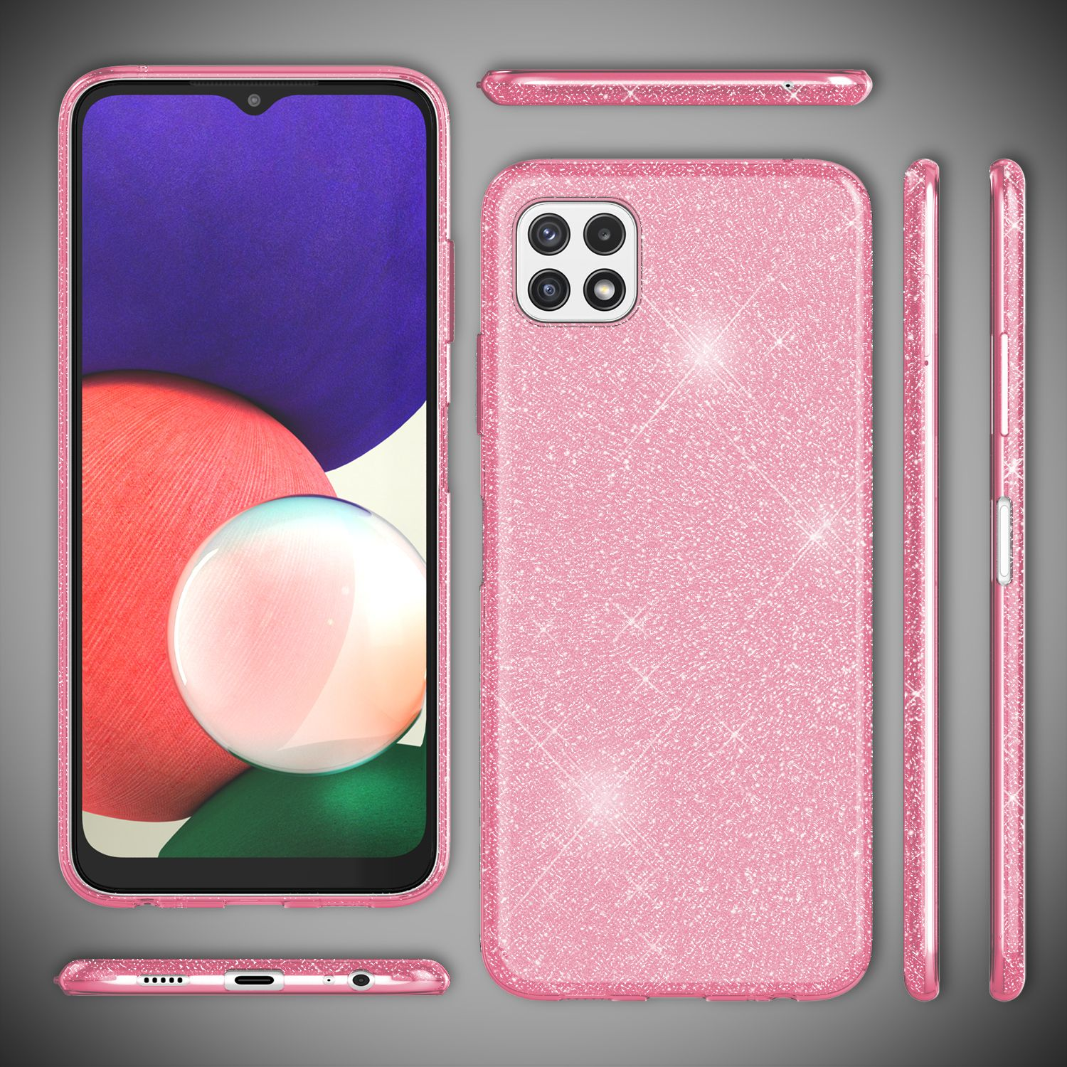 Rosa Handyhülle mit rosa Glitzerdesign. Die Hülle zeigt das Handy aus mehreren Winkeln.