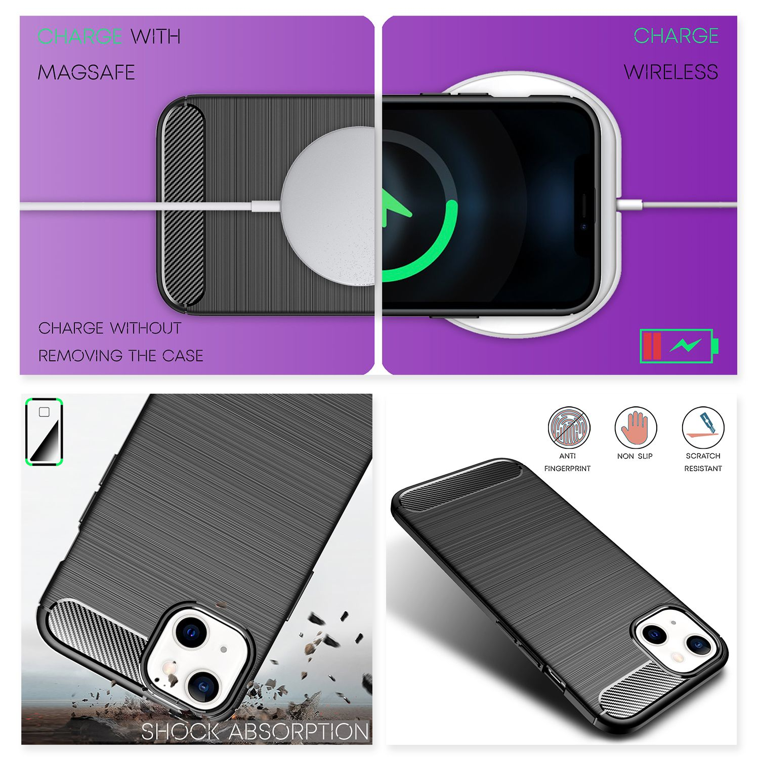Cuatro imágenes que muestran una funda de teléfono con capacidades de carga y absorción de impactos.