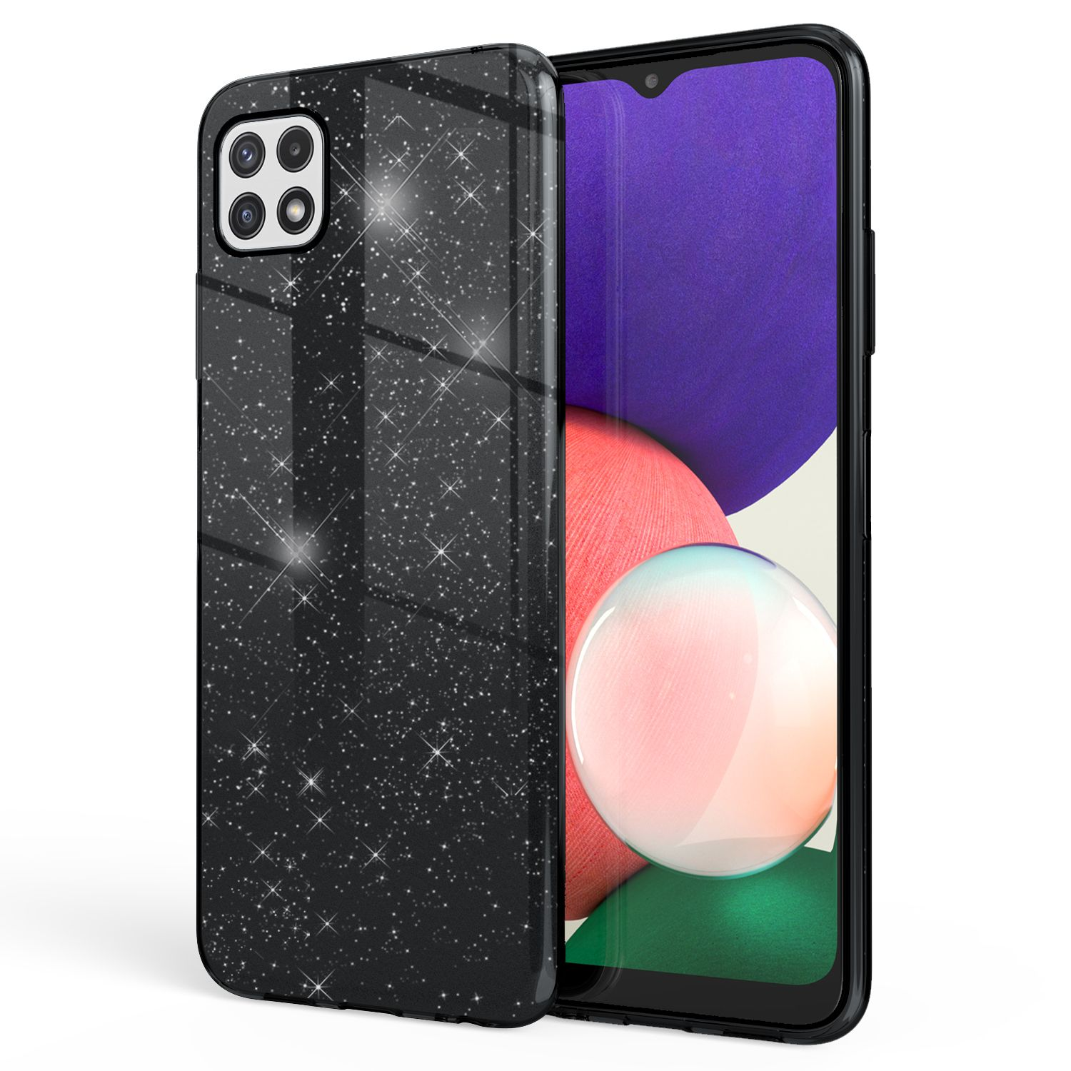 Schwarze Handyhülle mit Glitzer auf einem Telefon. Weißer Hintergrund.
