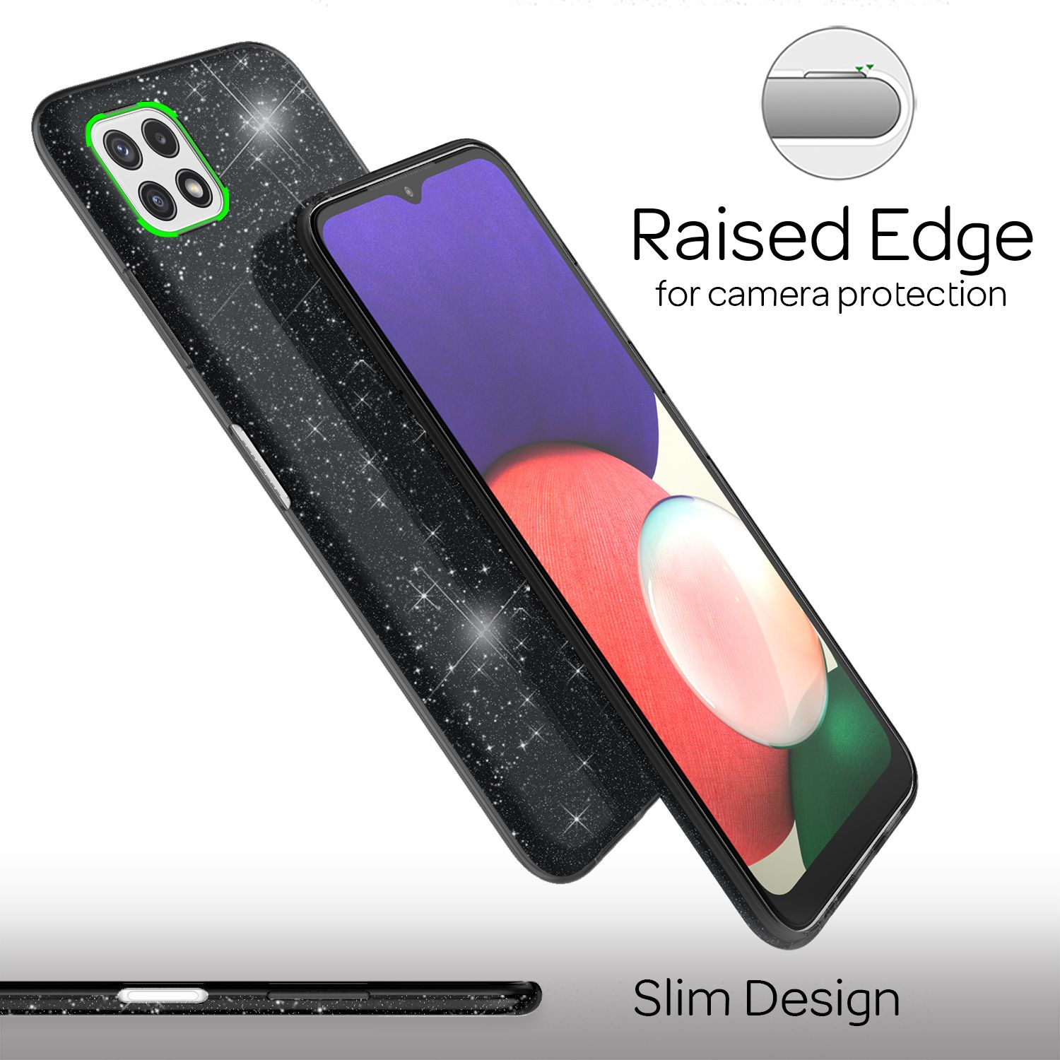 Schwarze Handyhülle mit Sternenmuster, ein Telefon im Inneren und der Text 'Raised Edge'.