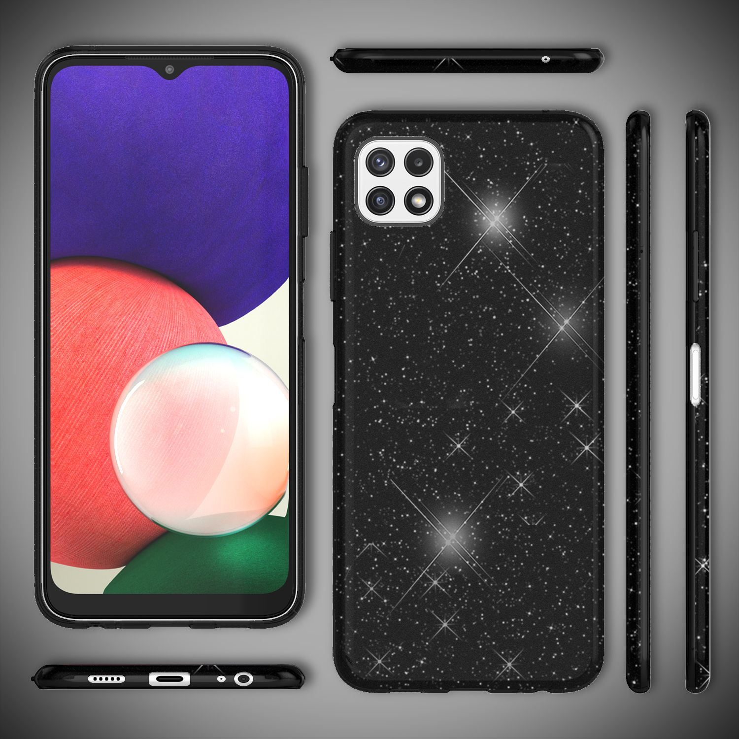 Schwarze Handyhülle mit Sternendesign. Ein Telefon mit lila und rotem Hintergrund.