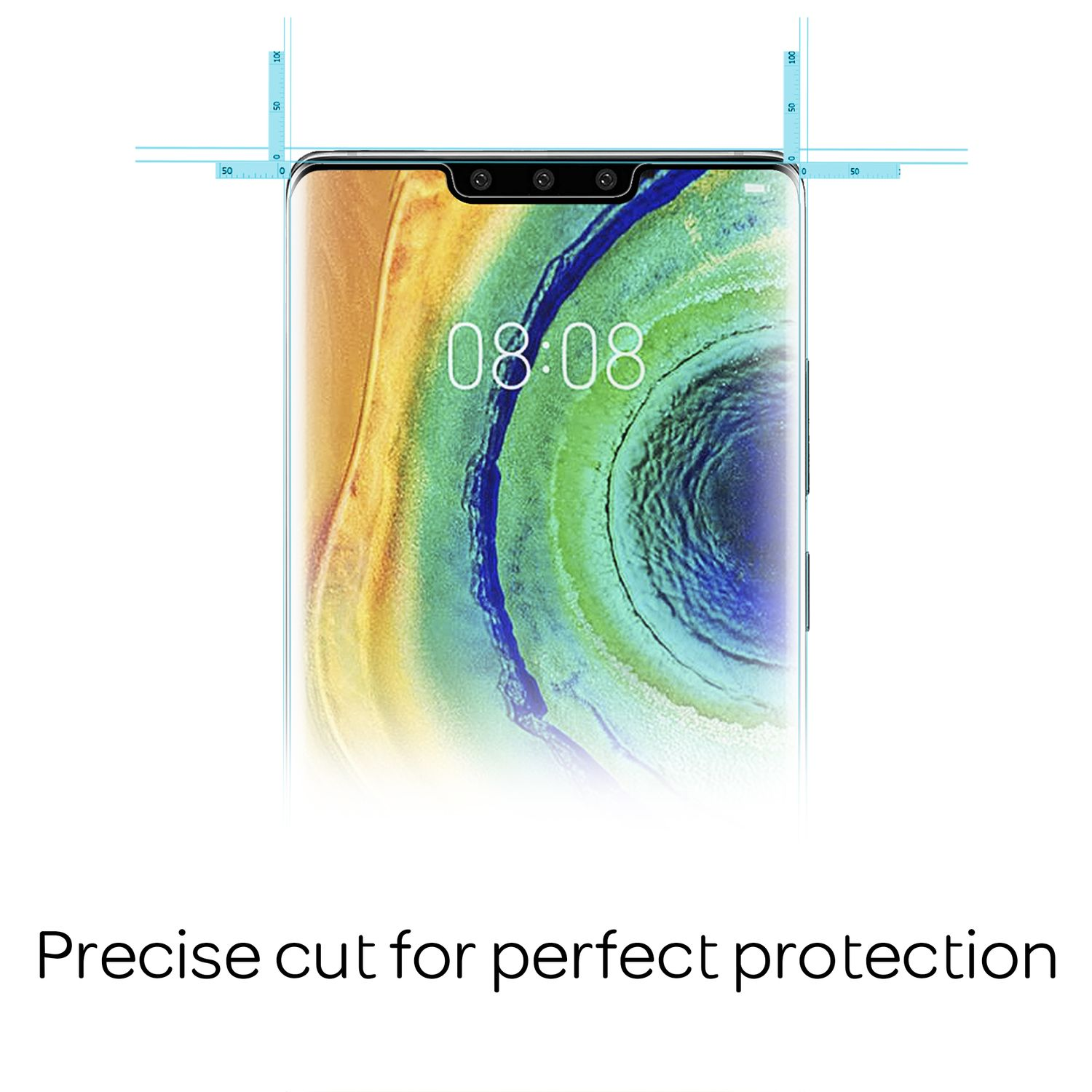 Un téléphone avec un protecteur d'écran appliqué, affichant l'écran. Il y a des lignes de mesure en haut.