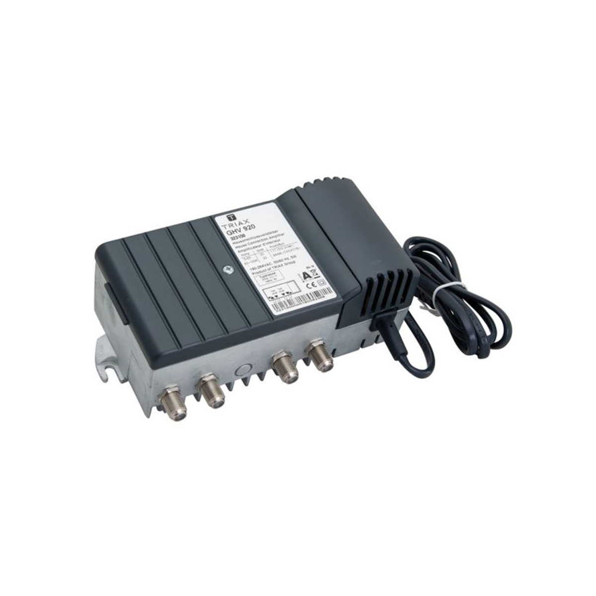 Ein dunkelgraues elektronisches Gerät mit mehreren Anschlüssen, einem Netzkabel und einem Etikett. Es ist auf weißem Hintergrund.