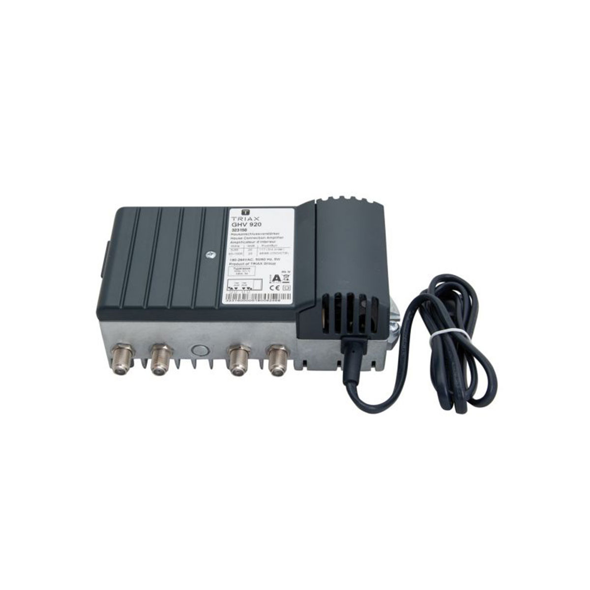 Ein schwarz-graues elektronisches Gerät mit mehreren Eingangsanschlüssen und einem Netzkabel.