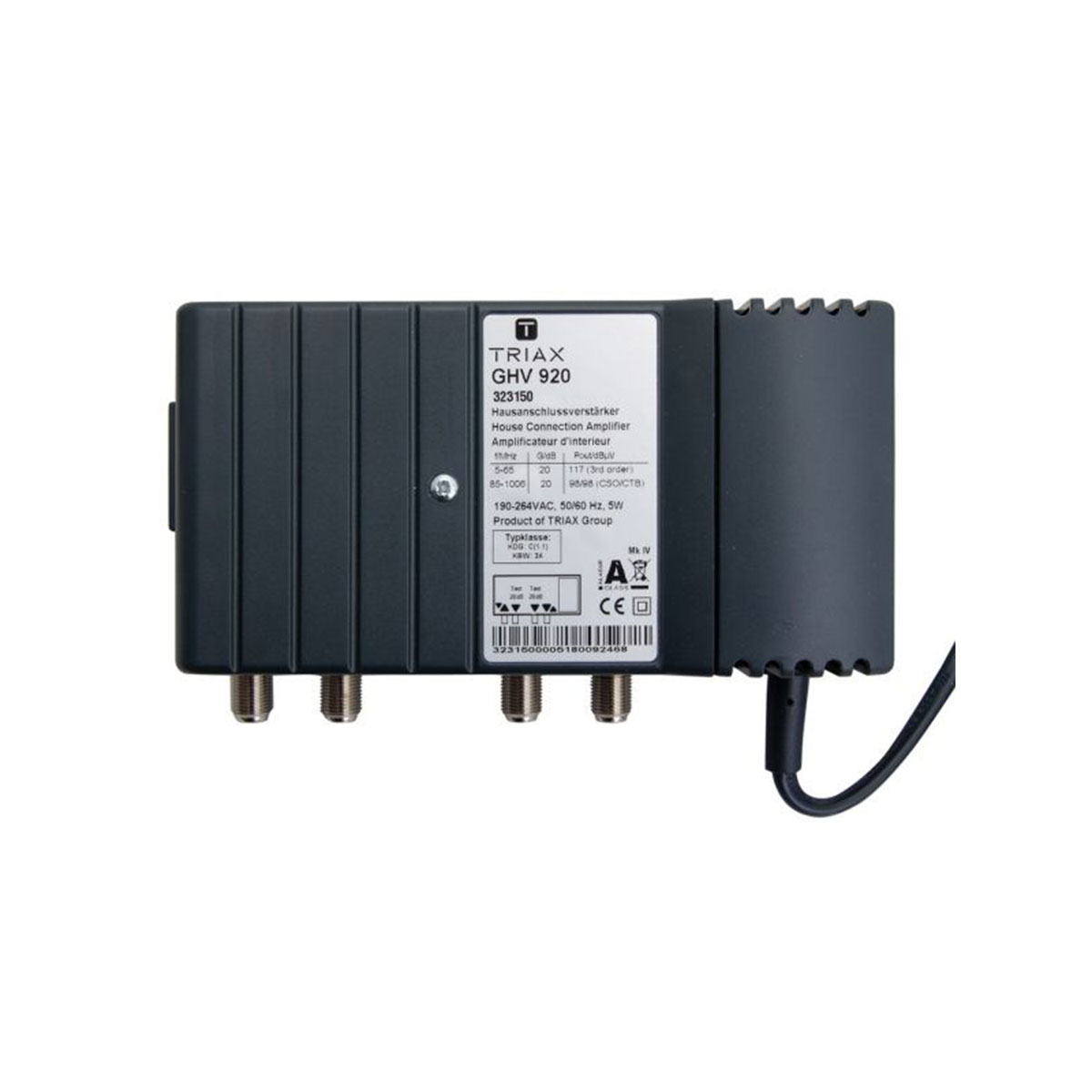 Schwarzes elektronisches Gerät mit Anschlüssen und Etikett.