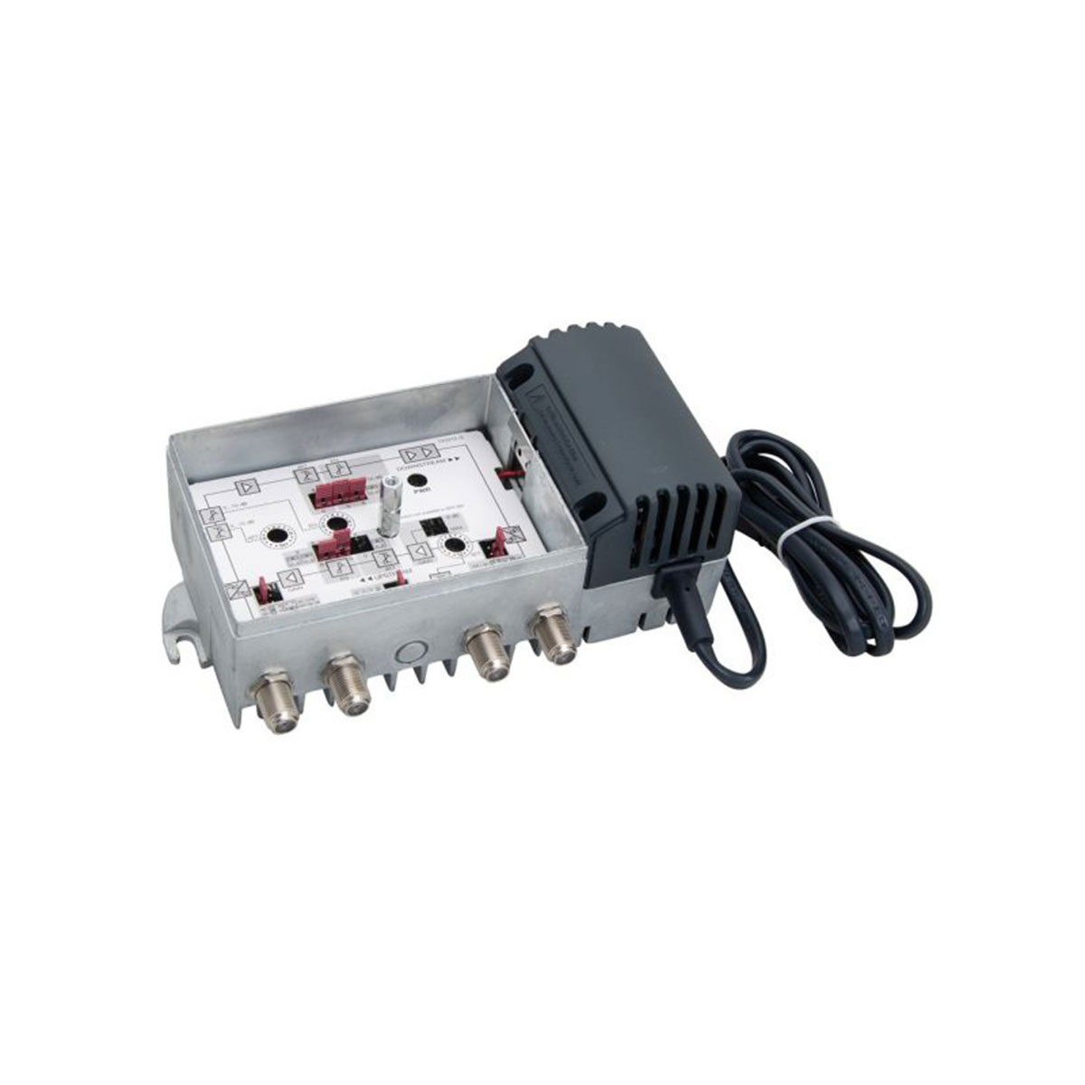 Elektronisches Gerät mit mehreren Anschlüssen und einem schwarzen Kabel.