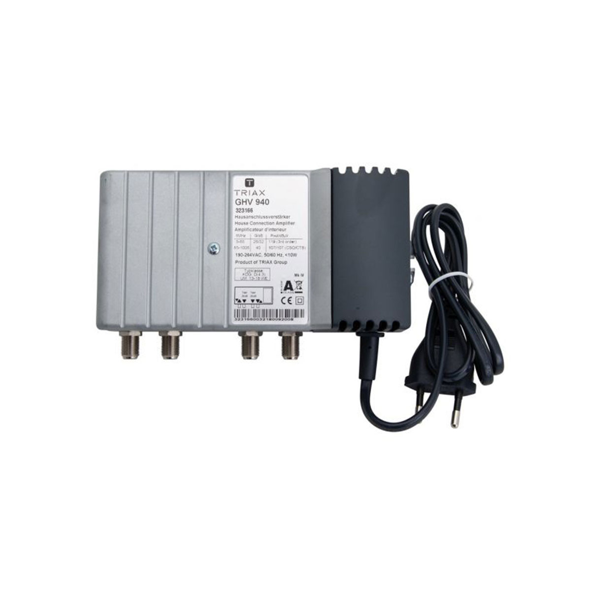 Silberne Box mit schwarzem Kabel und Stecker. Die Box hat mehrere Anschlüsse und technische Etiketten.