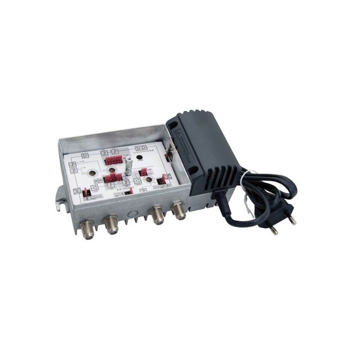 Eine silberne elektrische Komponente mit mehreren Ein- und Ausgängen und einem schwarzen Netzkabel.