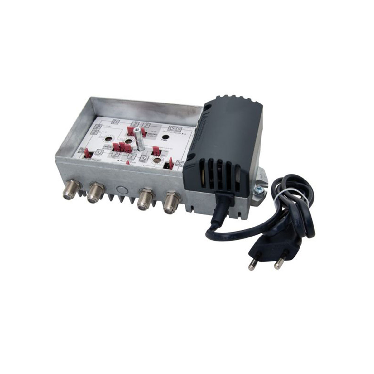 Elektronisches Gerät mit mehreren Anschlüssen, schwarzem Netzkabel, weißer HG.