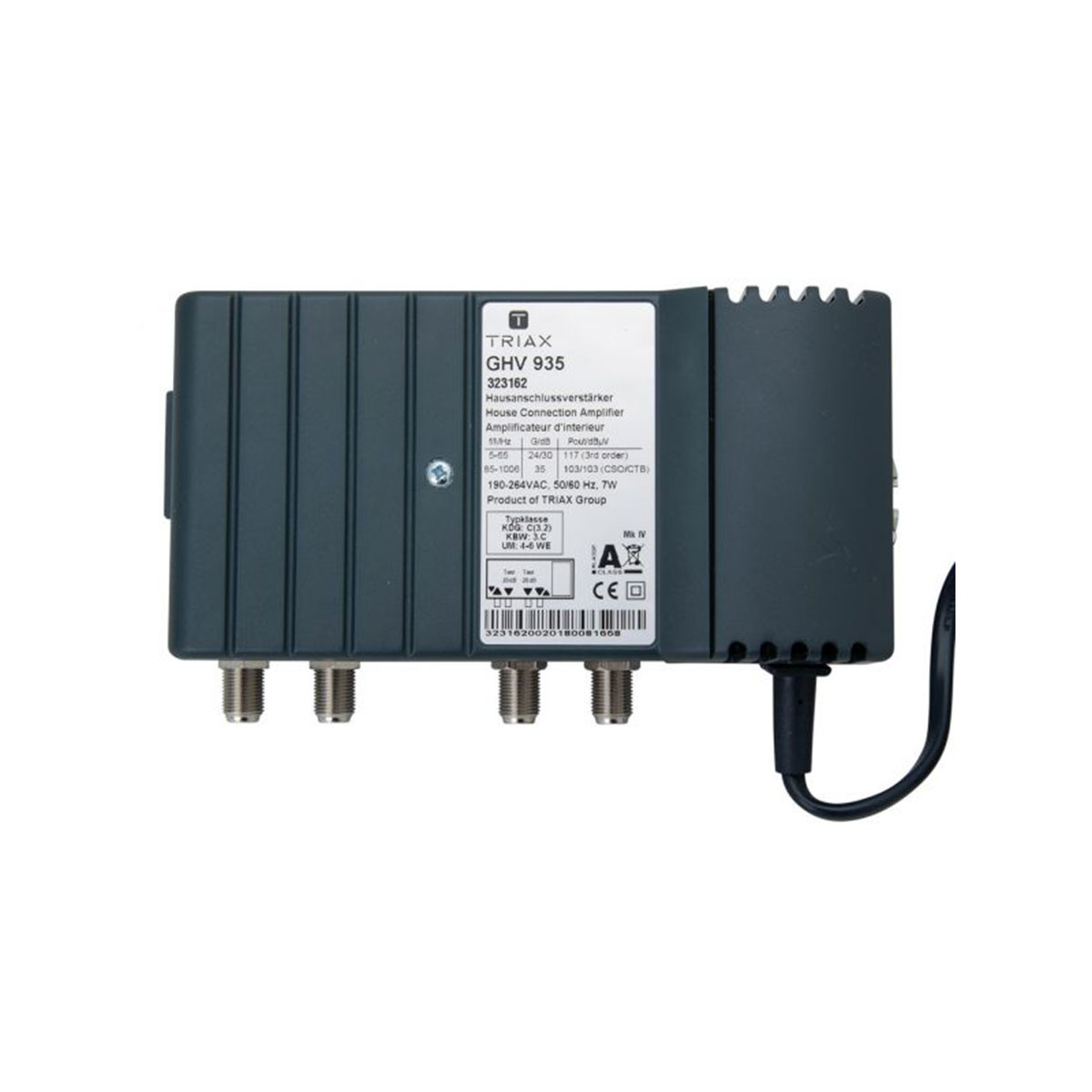 Ein graues elektrisches Gerät mit mehreren Anschlüssen und einem schwarzen Netzkabel.