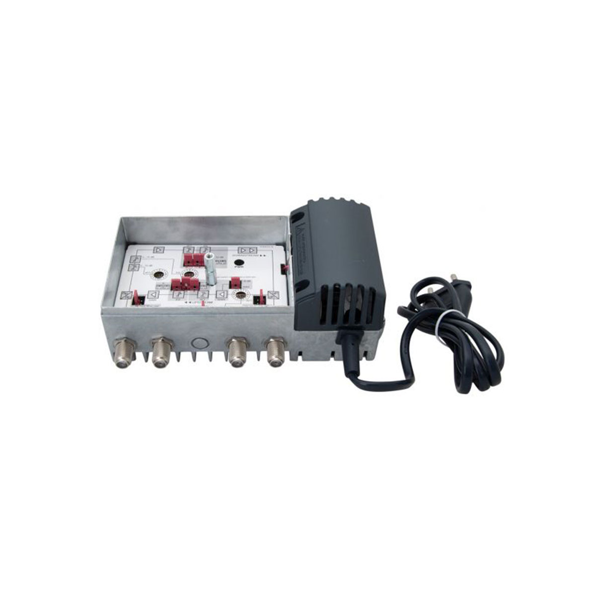 Ein elektronisches Gerät mit mehreren Anschlüssen und einem Netzkabel auf weißem Hintergrund.